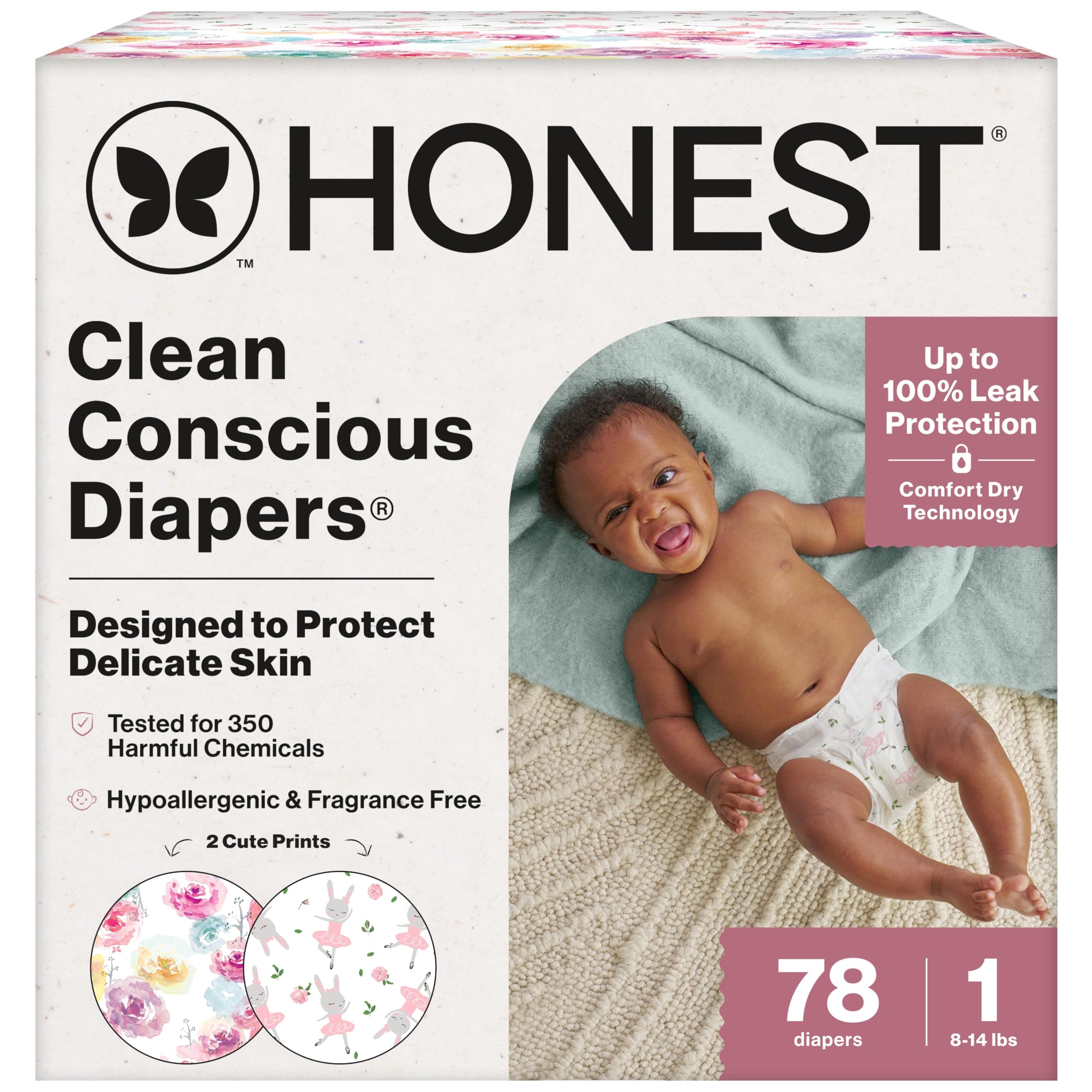 The Honest Company Clean Conscious Diapers | Plant-Based, Sustainable | Rose Blossom + Tutu Cute | Club Box, Size 1 (8-14 lbs), 78 Count