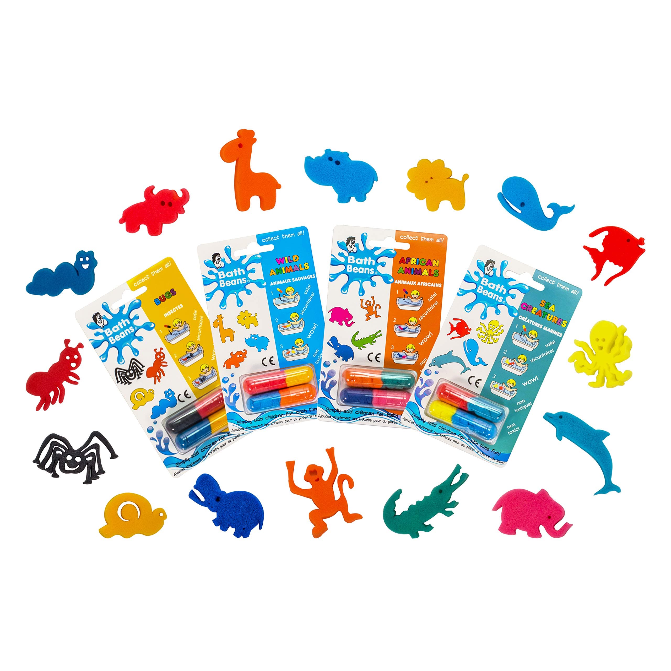 Bath Beans - Sea Creature, African Animals, Bugs & Wild Animals - ANIMAL LOVERS BEST BUNDLE. For children 3+ yrs. Giant magic capsules unfold into sponge toy characters when dropped into warm water