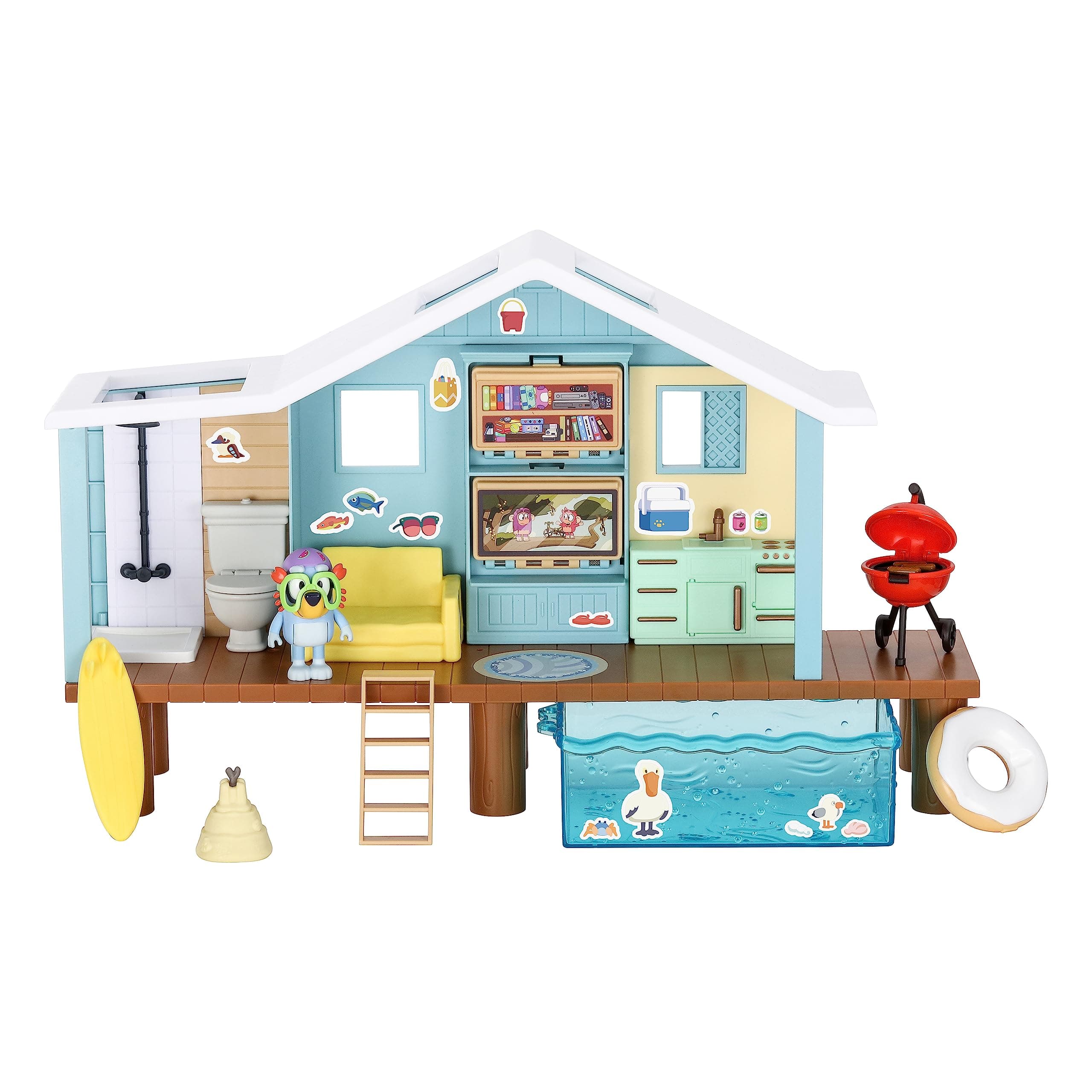 Bluey Beach Cabin Playset, 10”, Customizable Toddler House Playset with 10 Play Pieces and 2.5” Goggles Figure, Toy Houses for Kids Ages 3+