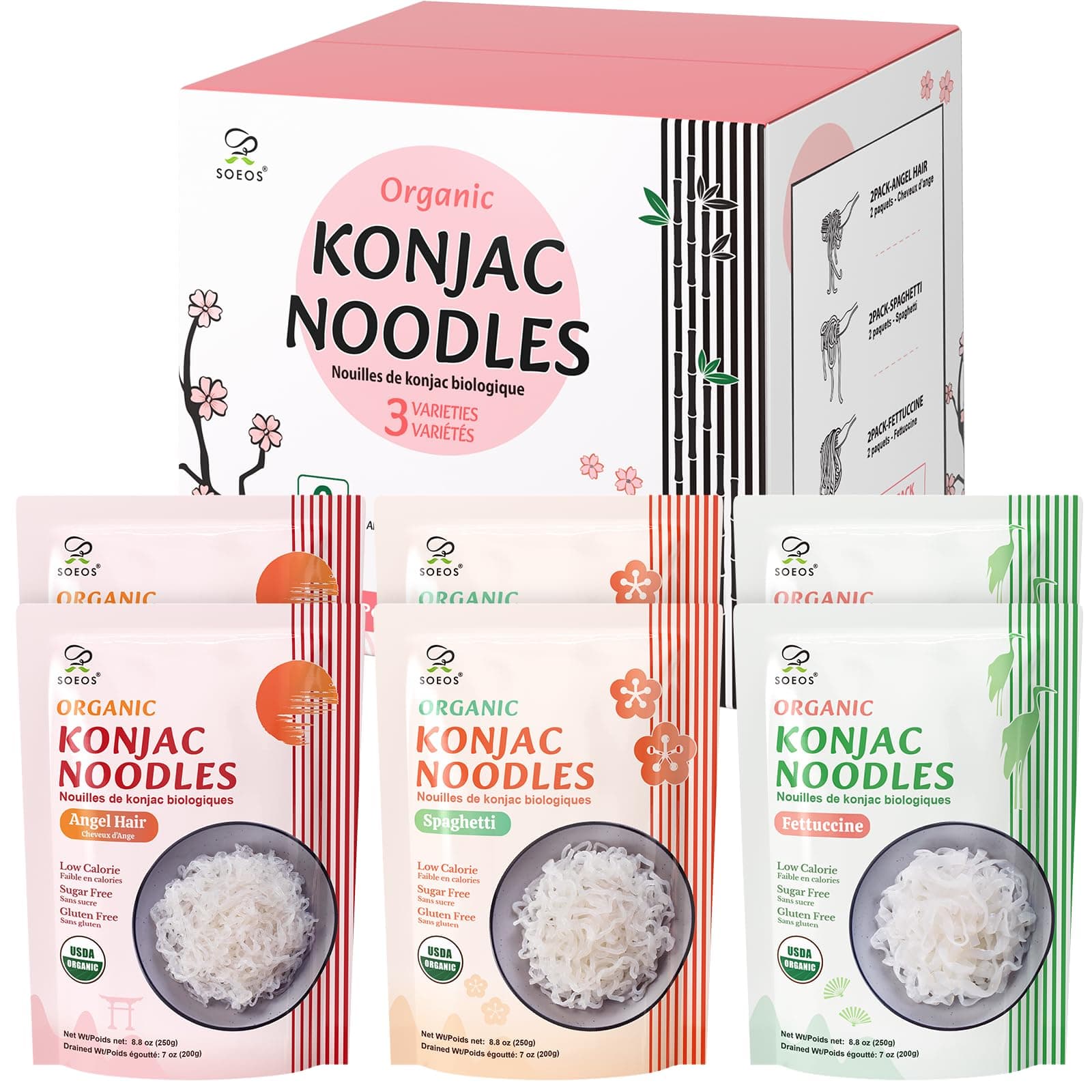 Soeos Konjac Noodles, Organic Shirataki Noodles, Low Calorie, Suitable for Keto & Paleo, 3 Varieties of Noodles, 52.8 Ounces (Pack of 6)