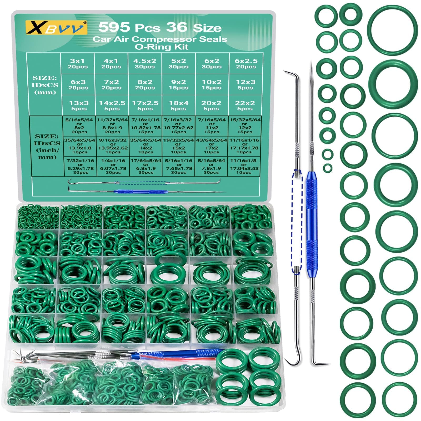 595 Pcs Metric and SAE Air Conditioning O-Ring Kit for Automotive A/C, Compressor and Professional Tap Plumbing Seal O Rings Repair with O-Ring Picks,Resist Oil and Heat (Green)