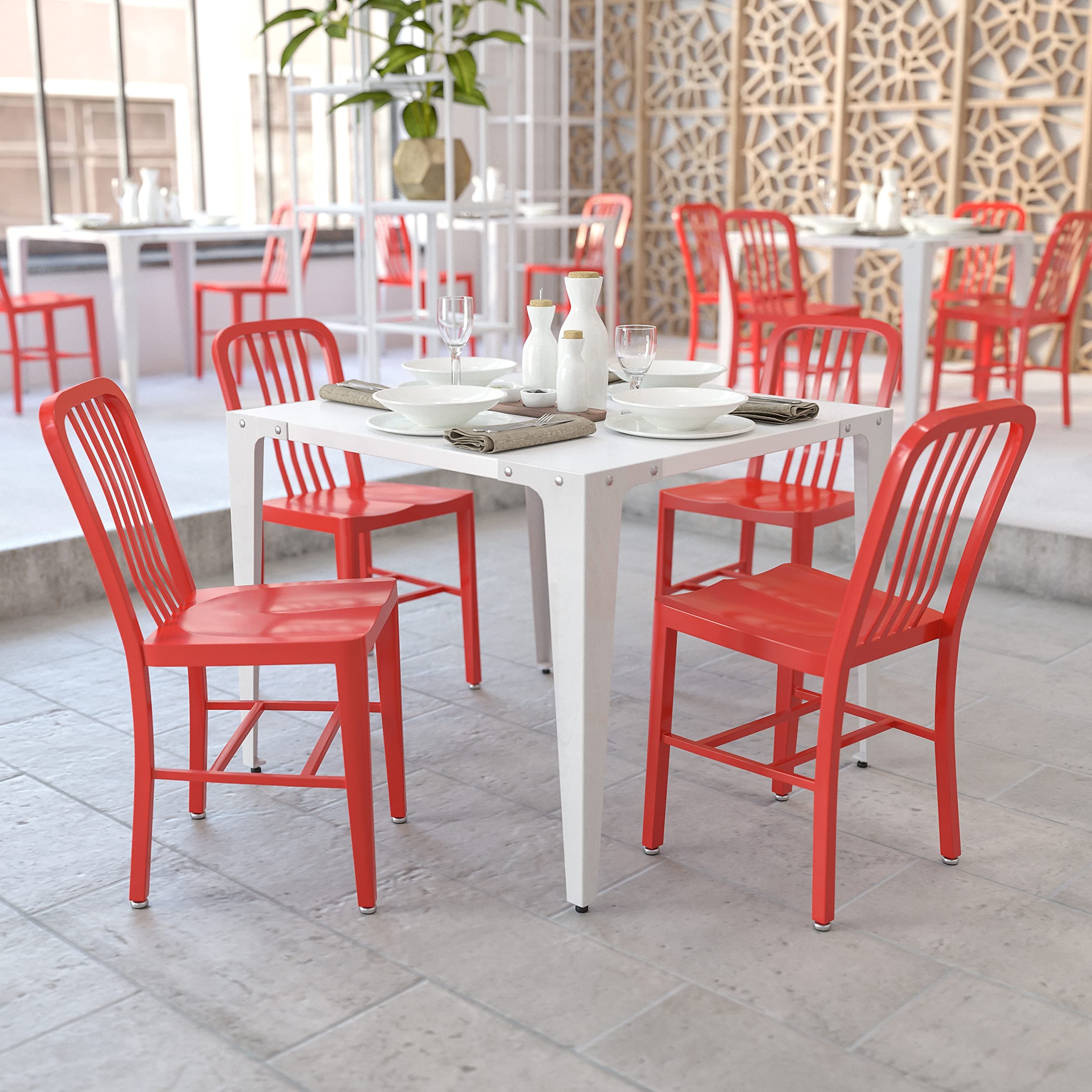 Flash Furniture Gael Indoor/Outdoor Modern Metal Dining Chairs, Commercial-Grade Galvanized Steel Restaurant Chairs, Set of 2, Red