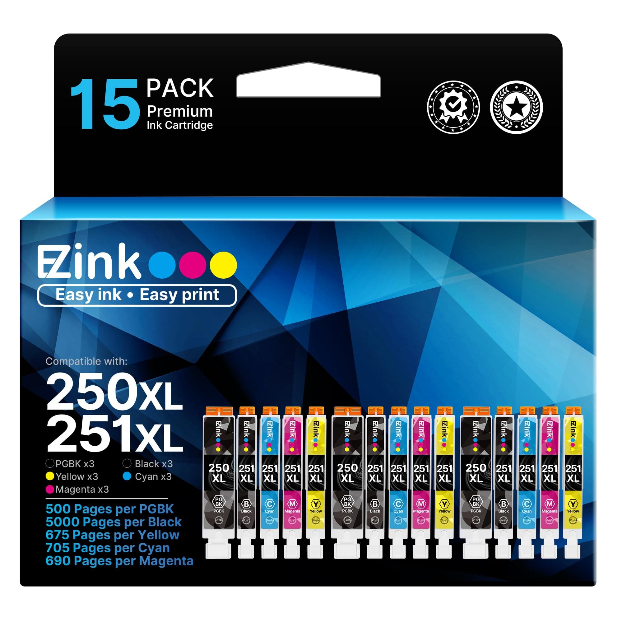 E-Z Ink Compatible Ink Cartridges Replacement for Canon 250 251 XL PGI-250XL CLI-251XL to use with PIXMA MX922 MX920 IX6820 MG5520 MG7520 IP8720 MG6620 MG6320 MG7120 (15 Pack)