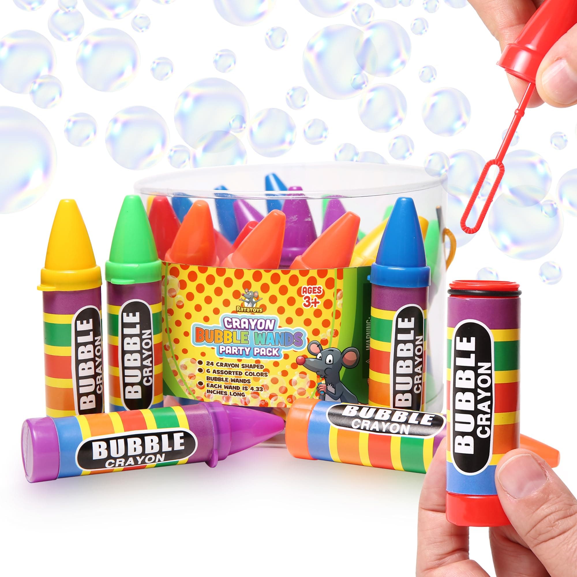 Crayon Bubble Wands for Kids Party Pack, 24 Pc Set, 6 Assorted Colors with Long Dip Sticks and Non-Toxic Solution for Large Bubble Blowing Fun, Birthday Party Favors
