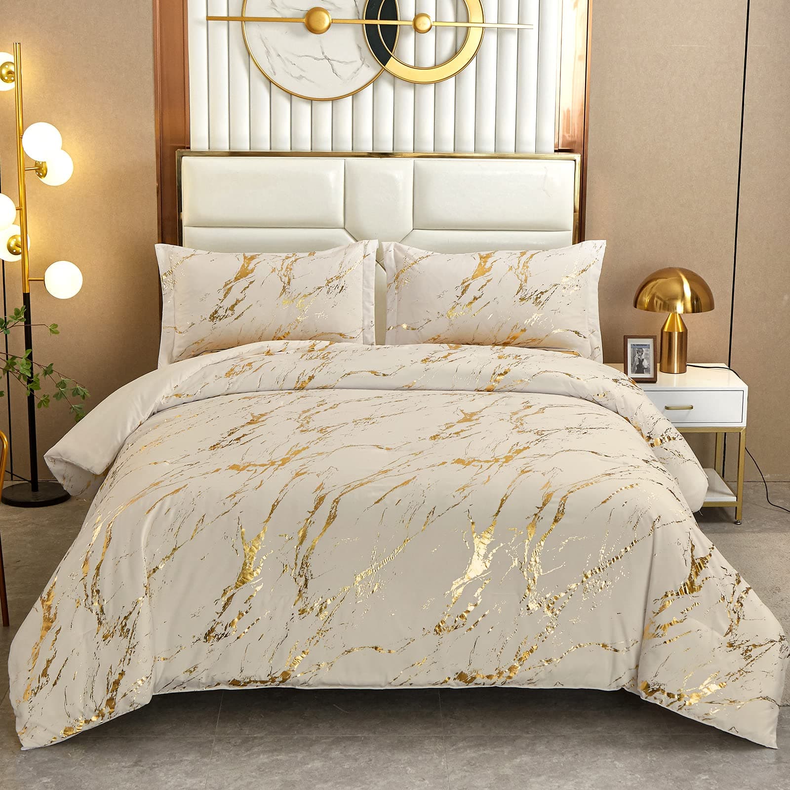 WONGS BEDDING Khaki Gold Metallic Marble Comforter Set King Foil Print Glitter Bedding Sets with 2 Pillowcases for All Seasons, Soft Microfiber Bedding Set 103"x90"