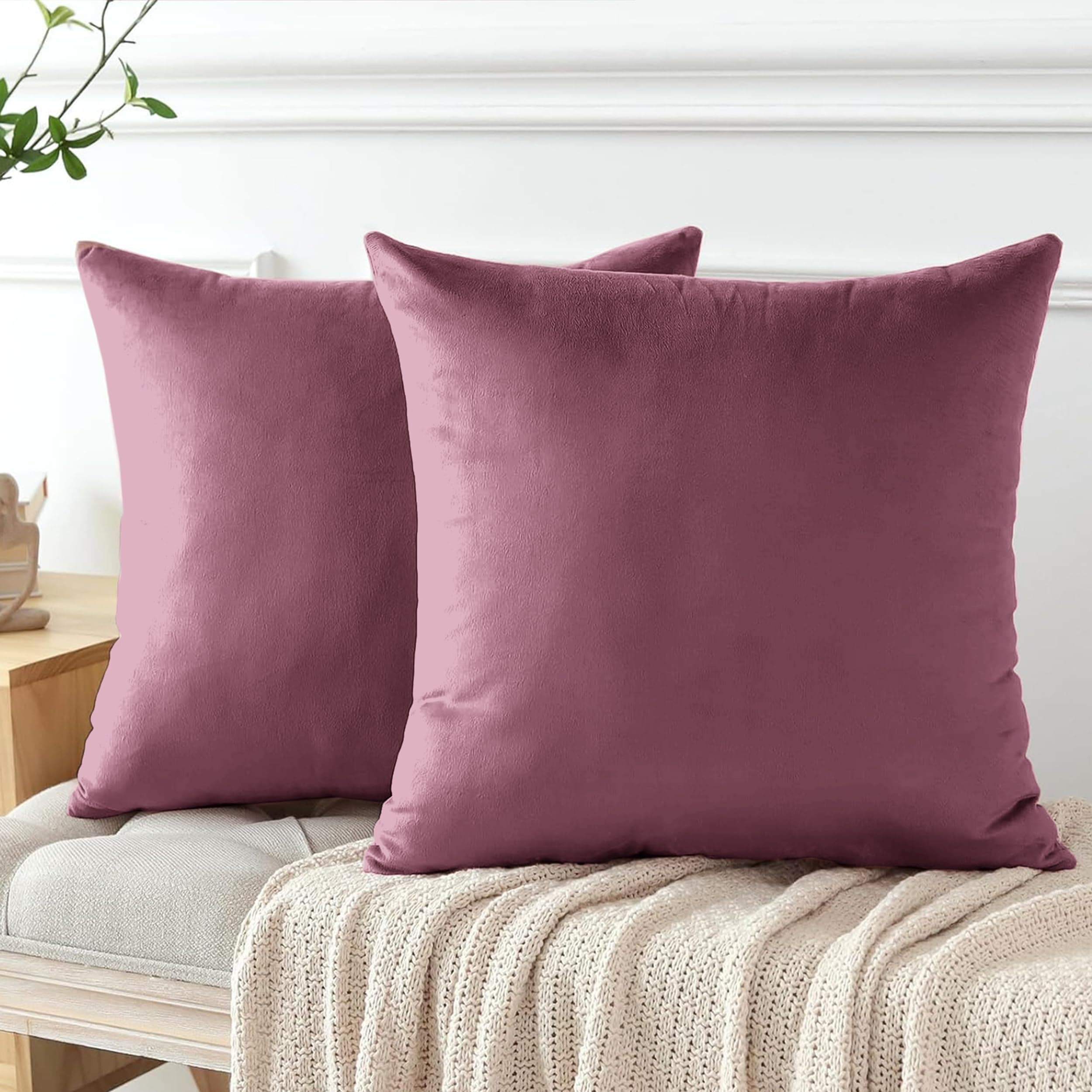 Velvet Cushion Covers 45 x 45 cm - Premium Decorative Throw Pillowcases - Pack Of 2 Baby Pink Cushion Covers For Sofa Living Room Couch Bedroom With Invisible Zipper, 18 x 18 Inches