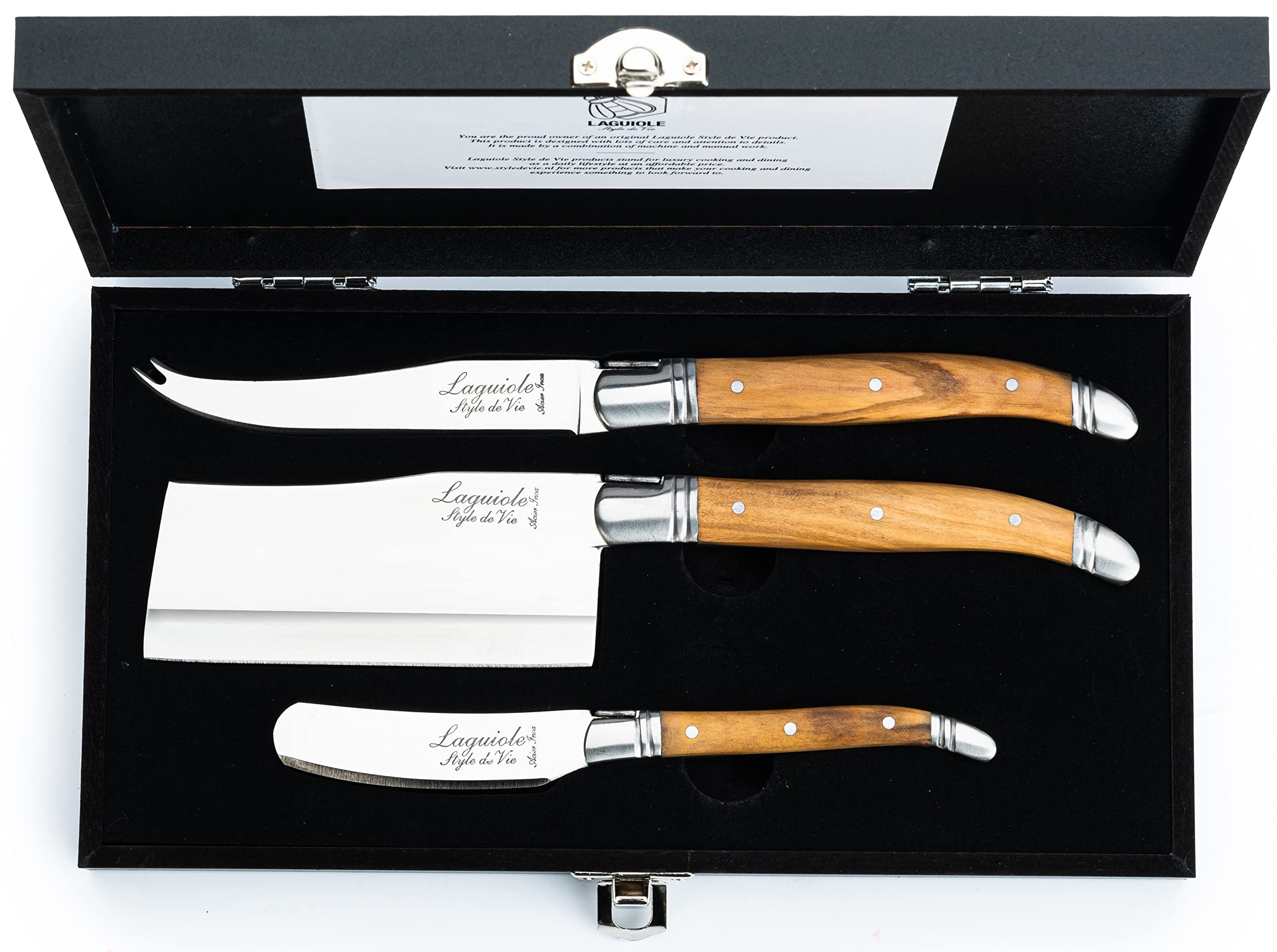 Laguiole Style de Vie Cheese knives, Luxury Line, Olive wood, set of 3 pieces, giftbox included