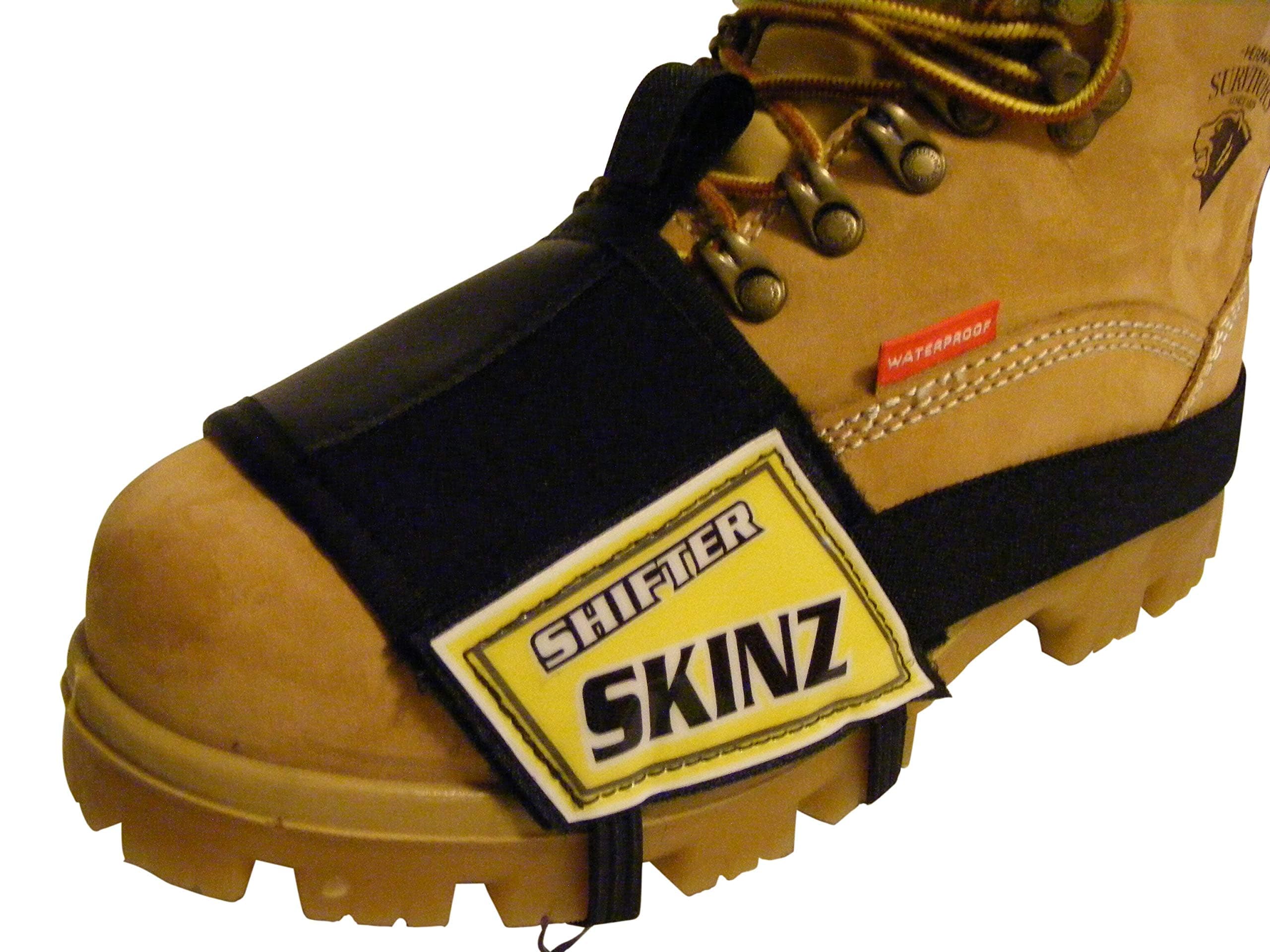 New Yellow Style Shifter Skinz Gear Shift Scuff Mark Shoe Boot Cover Protectors New Stronger Rubber Bottom Non Slip Sleeve Protector and New One Inch Stronger Heel Strap Along with a New Leather Gripper Shifter Pad on Top Eliminate Motorcycle Gear Shifter Scuff Marks