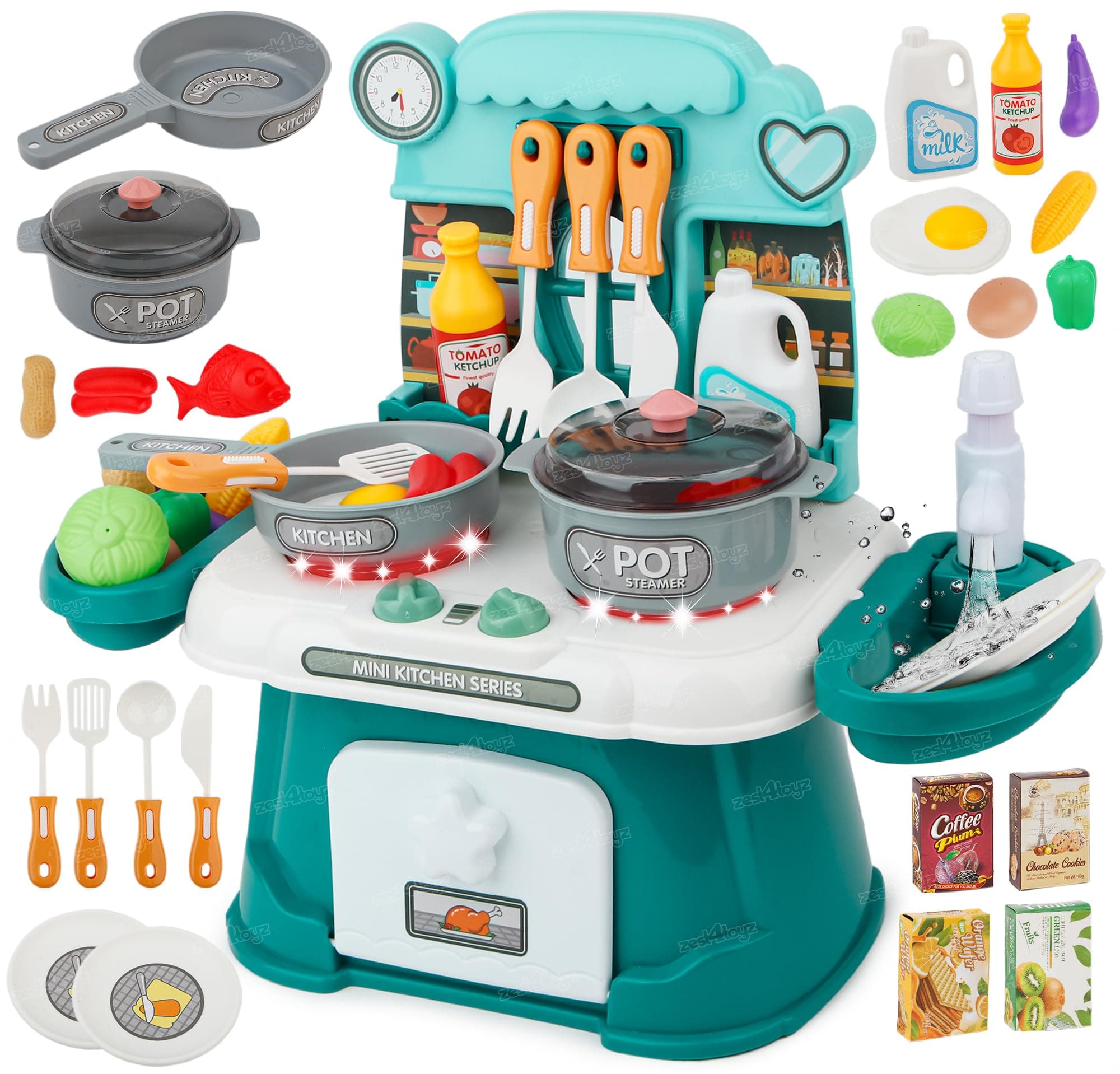 Zest 4 Toyz Mini Kitchen Play Set for Kids Cooking Playset with Lights and Music Realistic Food Accessories Pot and Pan for Toddlers Fun Role-Playing Educational Toy for Girls and Boys