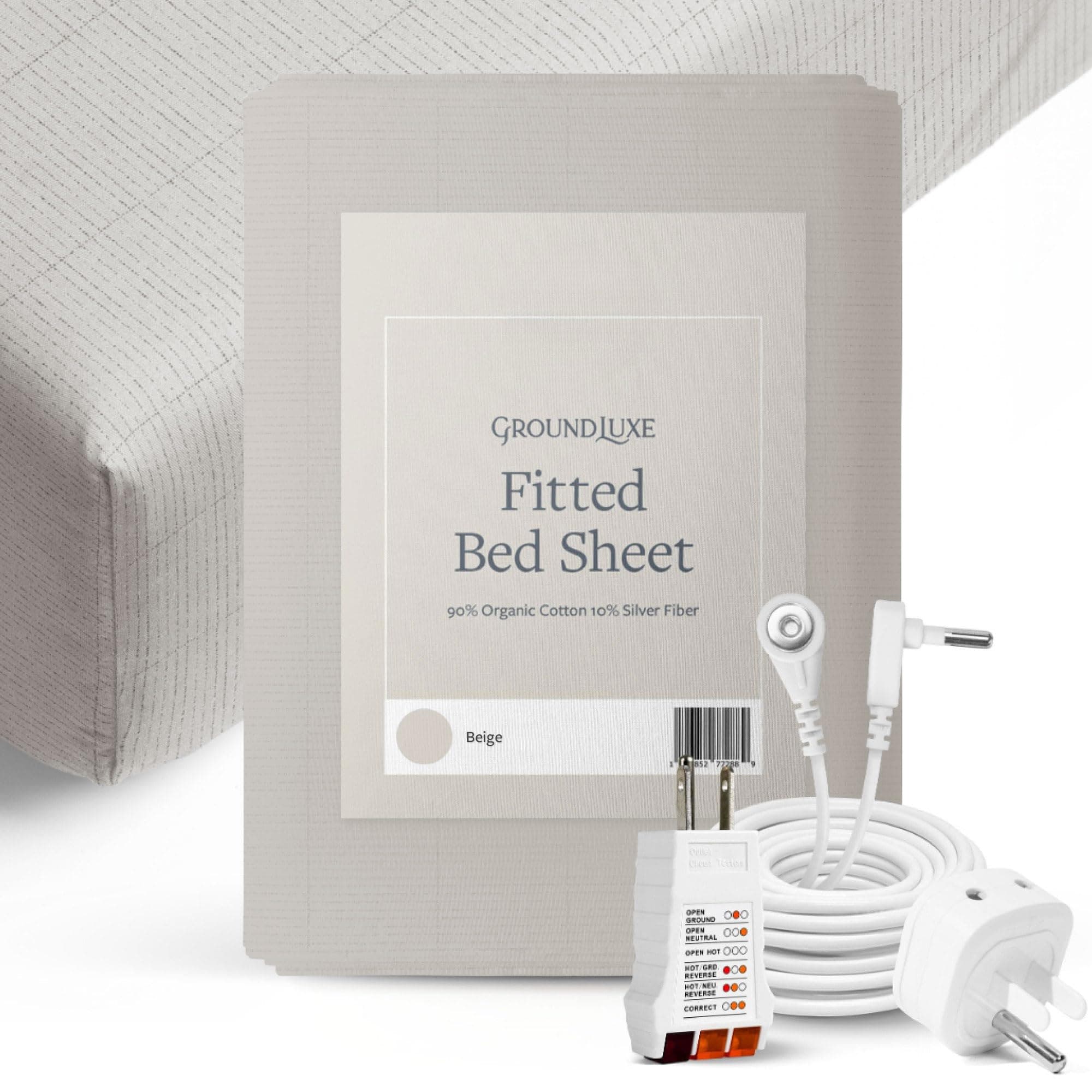 Groundluxe Organic Grounding Sheets - King Size Fitted Earthing Sheet, Complete Set with Cord & Outlet Tester