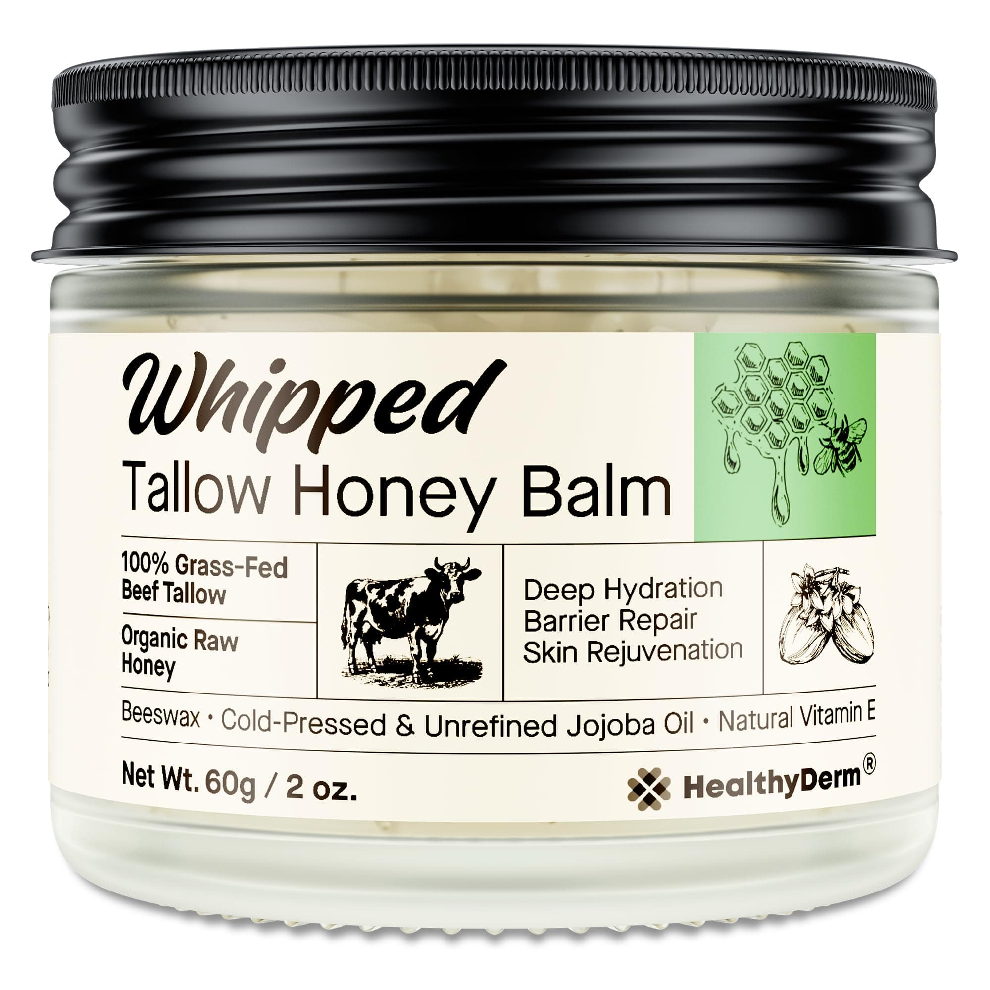 Beef Tallow Honey Balm for Skin: 100% Grass Fed Whipped Organic Moisturizer with Organic Raw Honey, Jojoba Oil, Vitamin E – Natural Face and Body Care for Mature, Dry or Sensitive Skin, 2oz