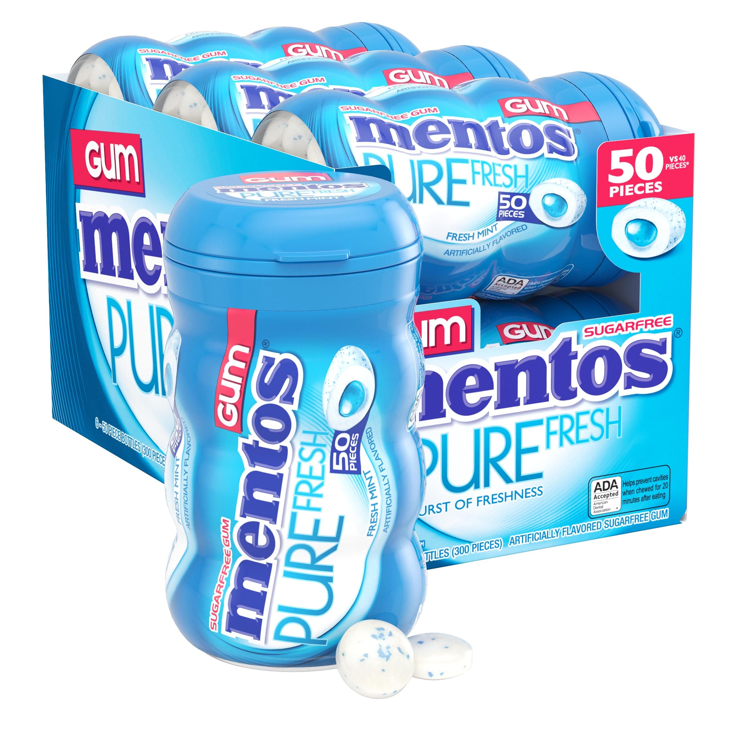 Mentos Pure Fresh Sugar-Free Chewing Gum with Xylitol, Fresh Mint, 50 Count (Pack of 6)