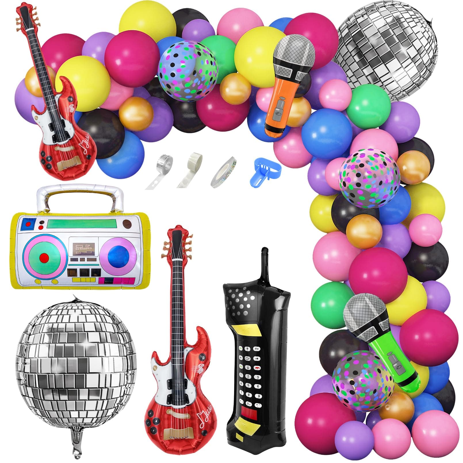 Amandir 80s 90s Theme Party Decorations, 90Pcs Balloon Garland Kit 6PCS Disco Ball Radio Boom Box Retro Mobile Phone Guitar Microphone Foil Balloons for Back to 80s 90s Hip Hop Birthday Supplies