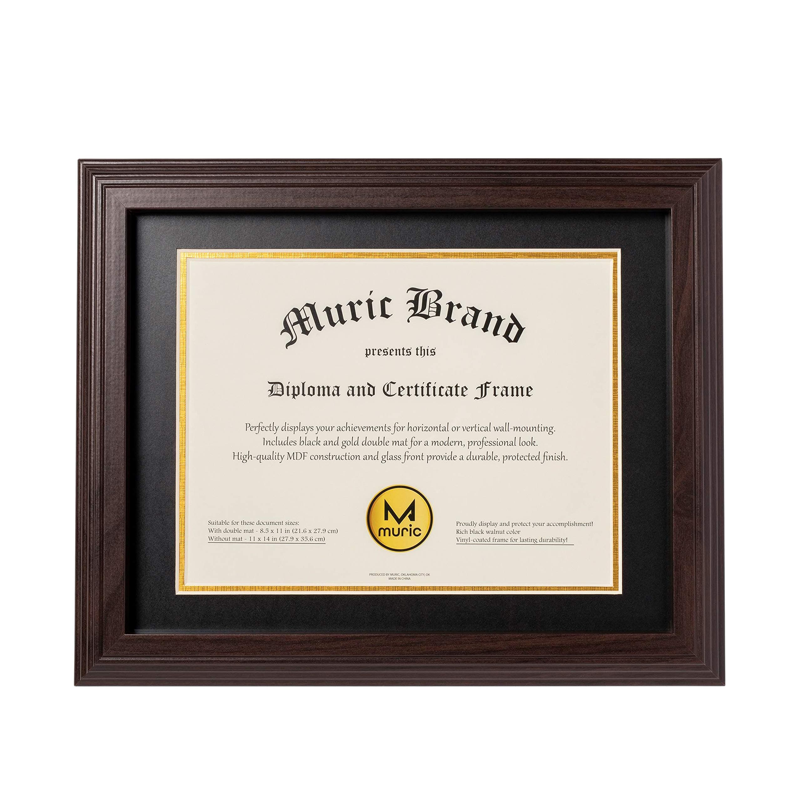 Muric Diploma Frame – Double Mat Document Frame with Real Glass, Display for Graduation Degree, Certificate, Award, License, Holds 8.5x11 with Mat or 11x14 Without Mat, Gift for Grad, Black Walnut