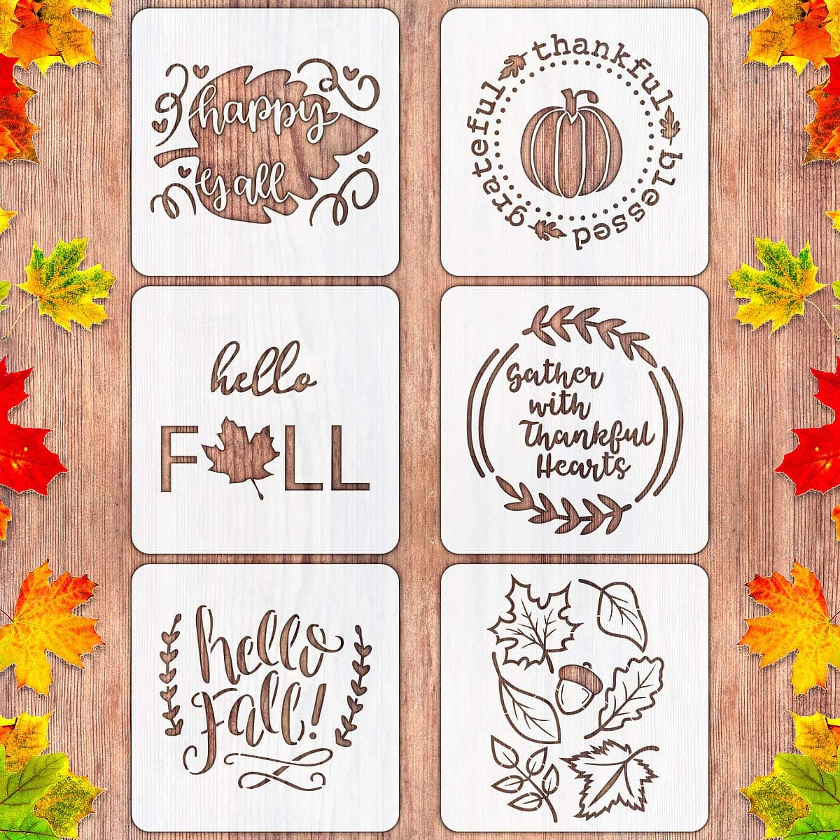 6 PCS Large Fall Stencils, 12 Inch Thanksgiving Stencil for Painting on Wood Reusable Pumpkin Hello Fall Stencils for DIY Wood Signs Farmhouse Home Decor