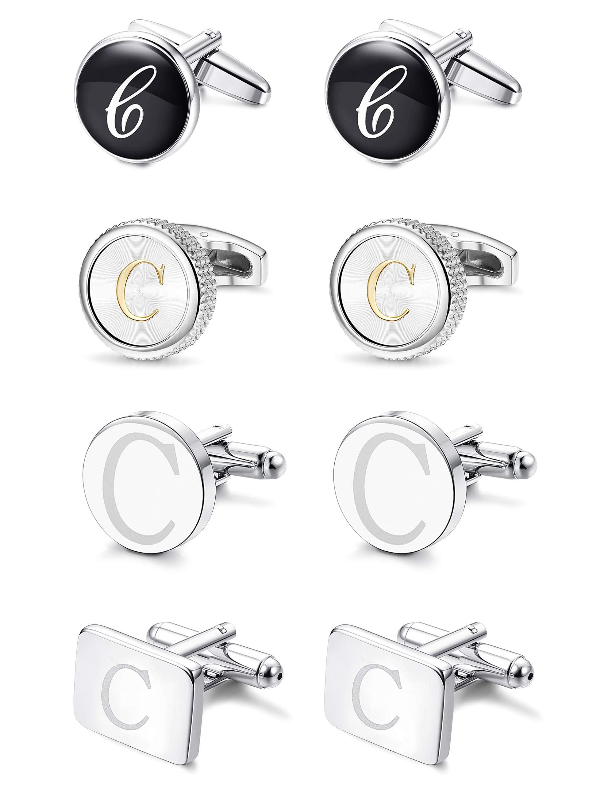 LOYALLOOK4PCS Men's Initial P Fashion Dazzle Tuxedo Shirts Cufflinks Initial Letter Engraved Shirt Cufflink Alphabet Set Business Wedding Gift