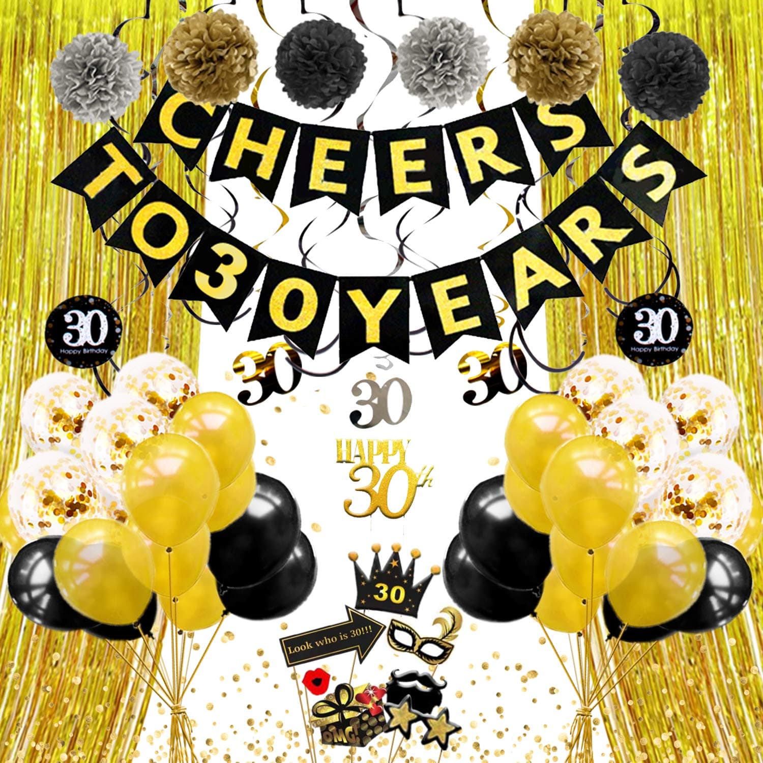 RIZELL Happy 30th Birthday Decorations Black & Gold Party Decorations Confetti Balloons, Pompoms Swirls, Cake Topper and Cheers to 30 Years Banner
