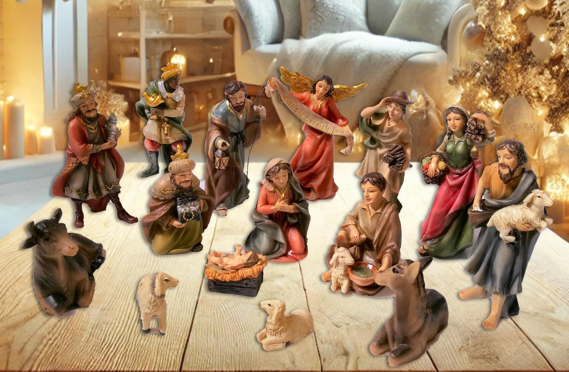 Faithful Treasure 15-Piece Complete 4" Christmas Nativity Set | Tabletop Nativity Figurines | Nativity Scene with Figures of Baby Jesus, Angel, Holy Family, Wise Men, Peasants, and Animals