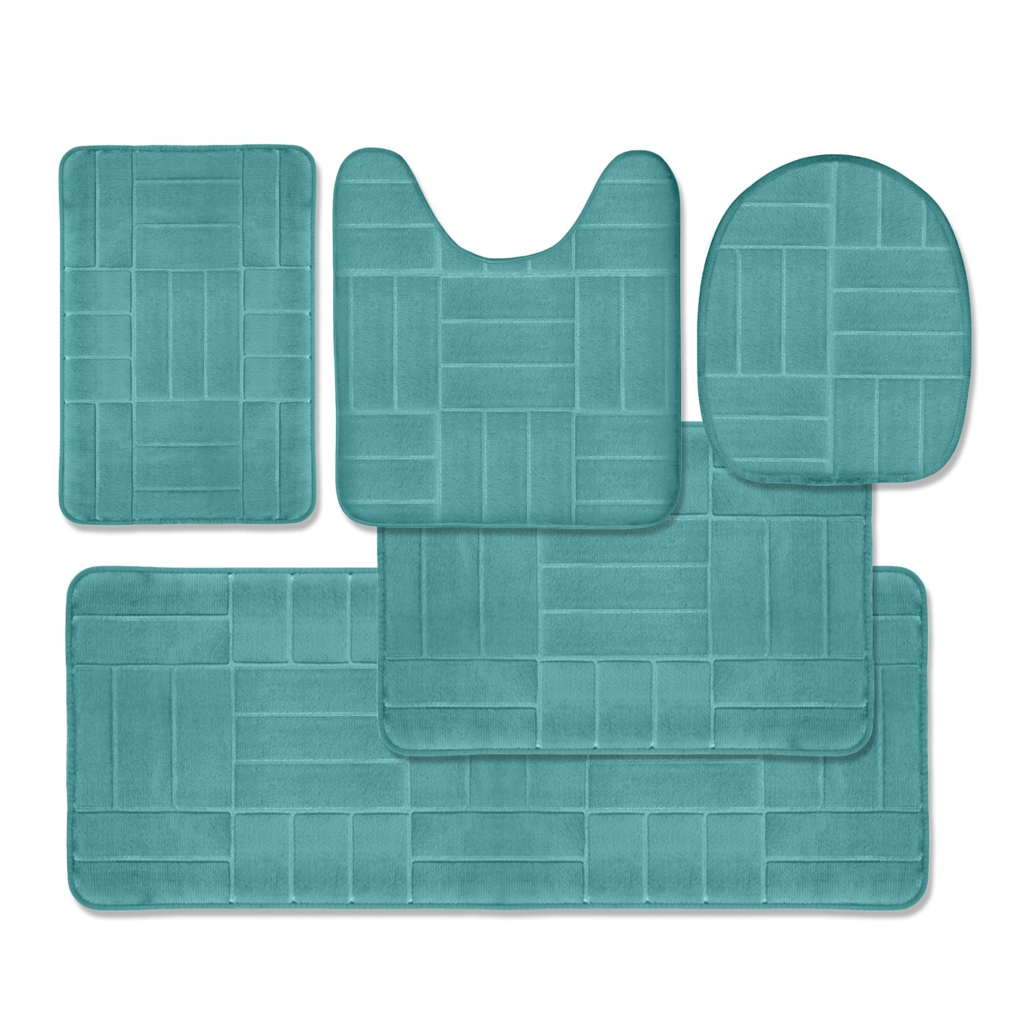Bathroom Rug Set 5 Piece - Memory Foam Bathroom Mat Set, Soft and Comfortable, Non-Slip Thick Absorbent Bath Mats, Machine Washable, Aqua Teal