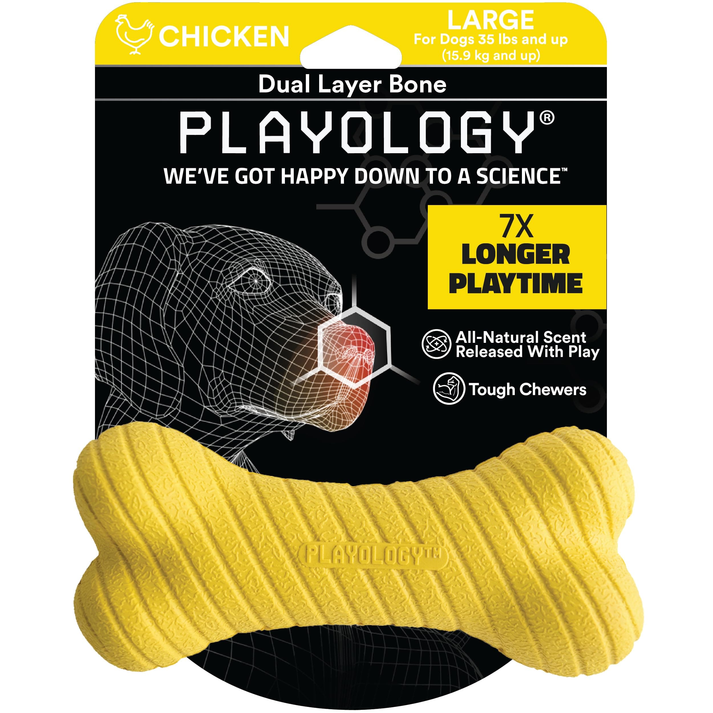 PlayologyDog Bones - Dog Toys for Large Dogs (35+ lbs) - Natural Chicken Scent, Tough Dual Layer For Aggressive Chewers - 1 Yellow Dual Layer Bone