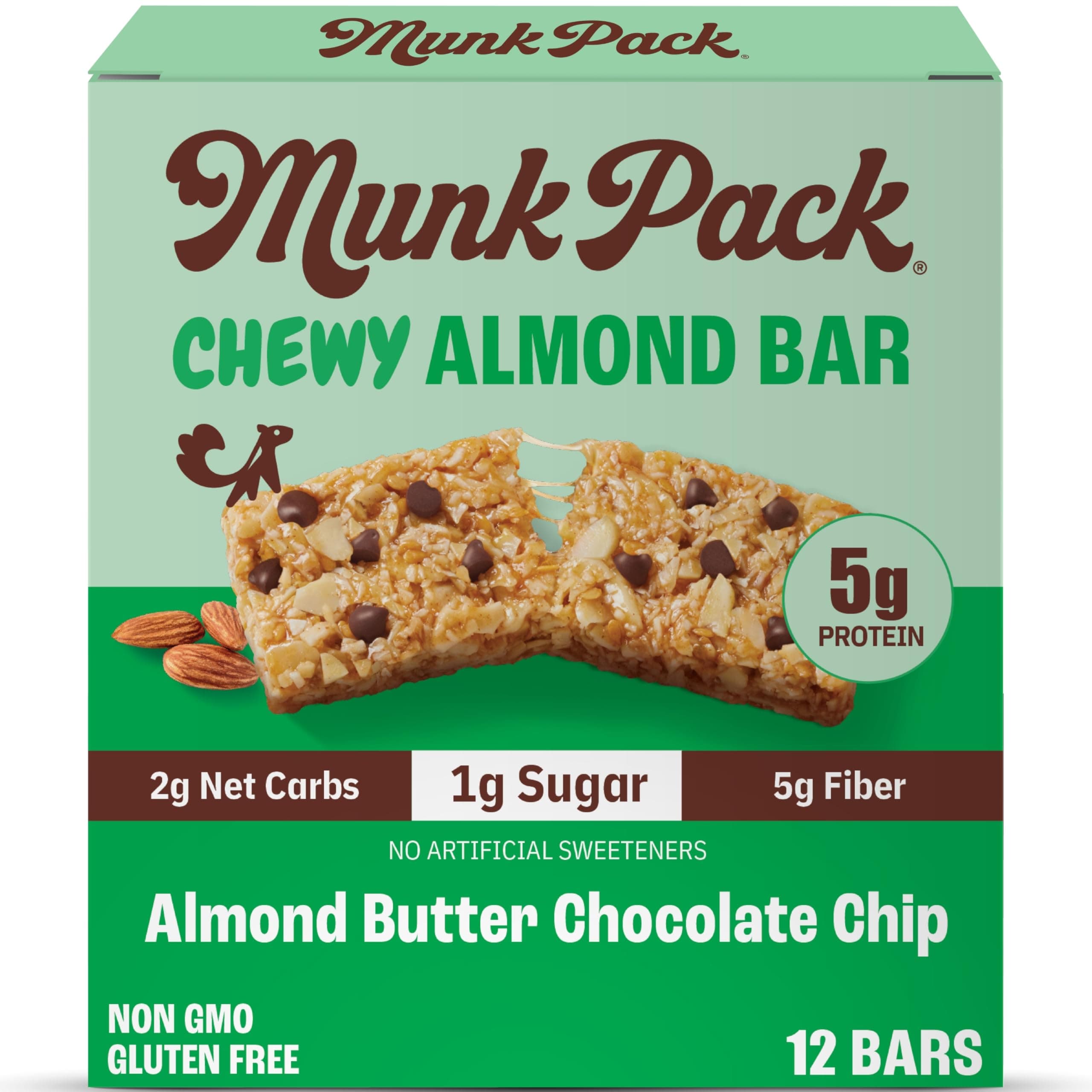 Munk Pack Almond Butter Chocolate Chip Chewy Granola Bars | 5g Protein, 1g Sugar with Allulose, 2g Net Carbs, Low Sugar, Gluten Free, Low Glycemic Snacks | 12 Count