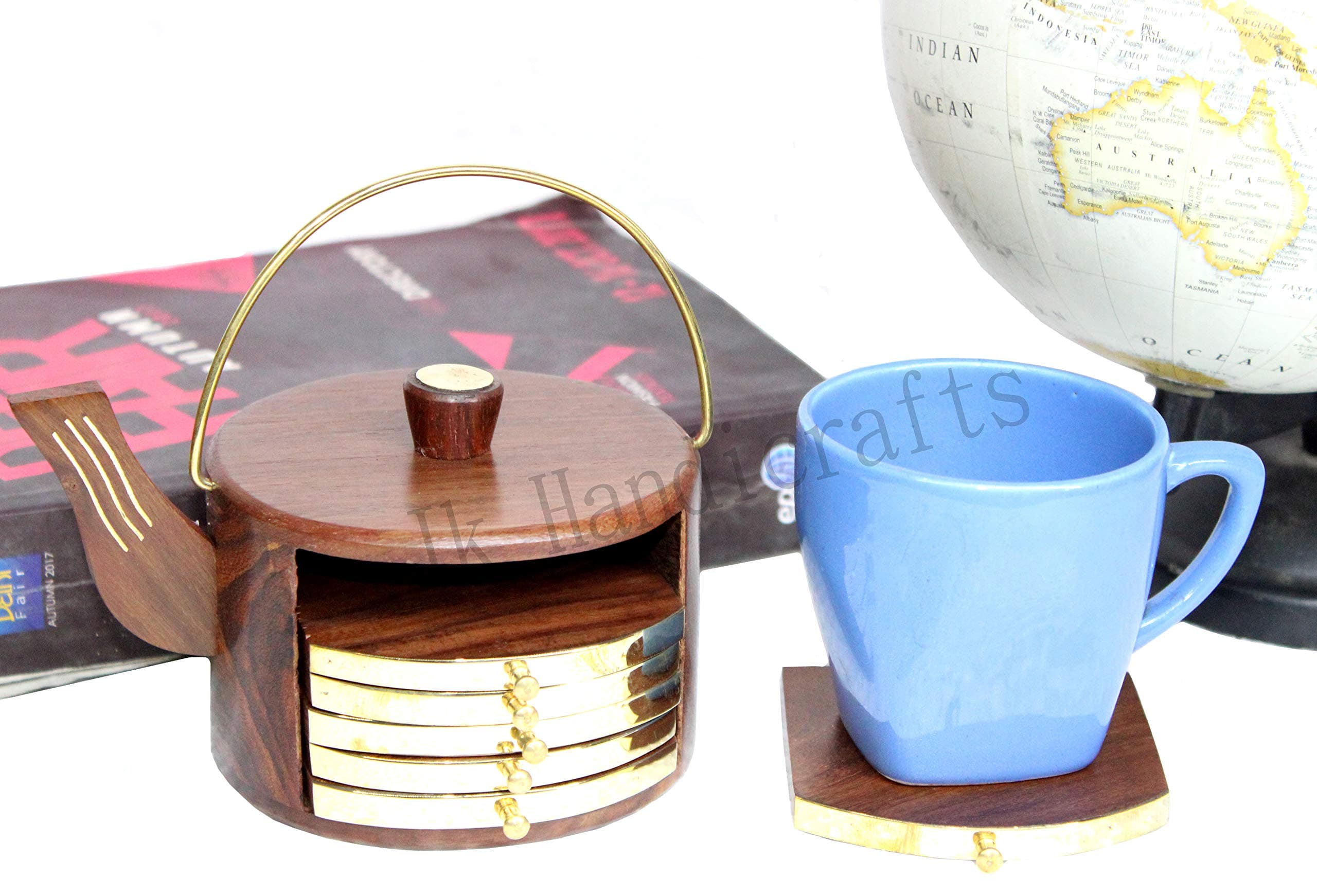 Jk Handicrafts Wooden Coaster Set of 6 Tea Pot Shape Coaster with Brass Design Coffee Table/Kitchen/Dining Table/Kettle Coaster
