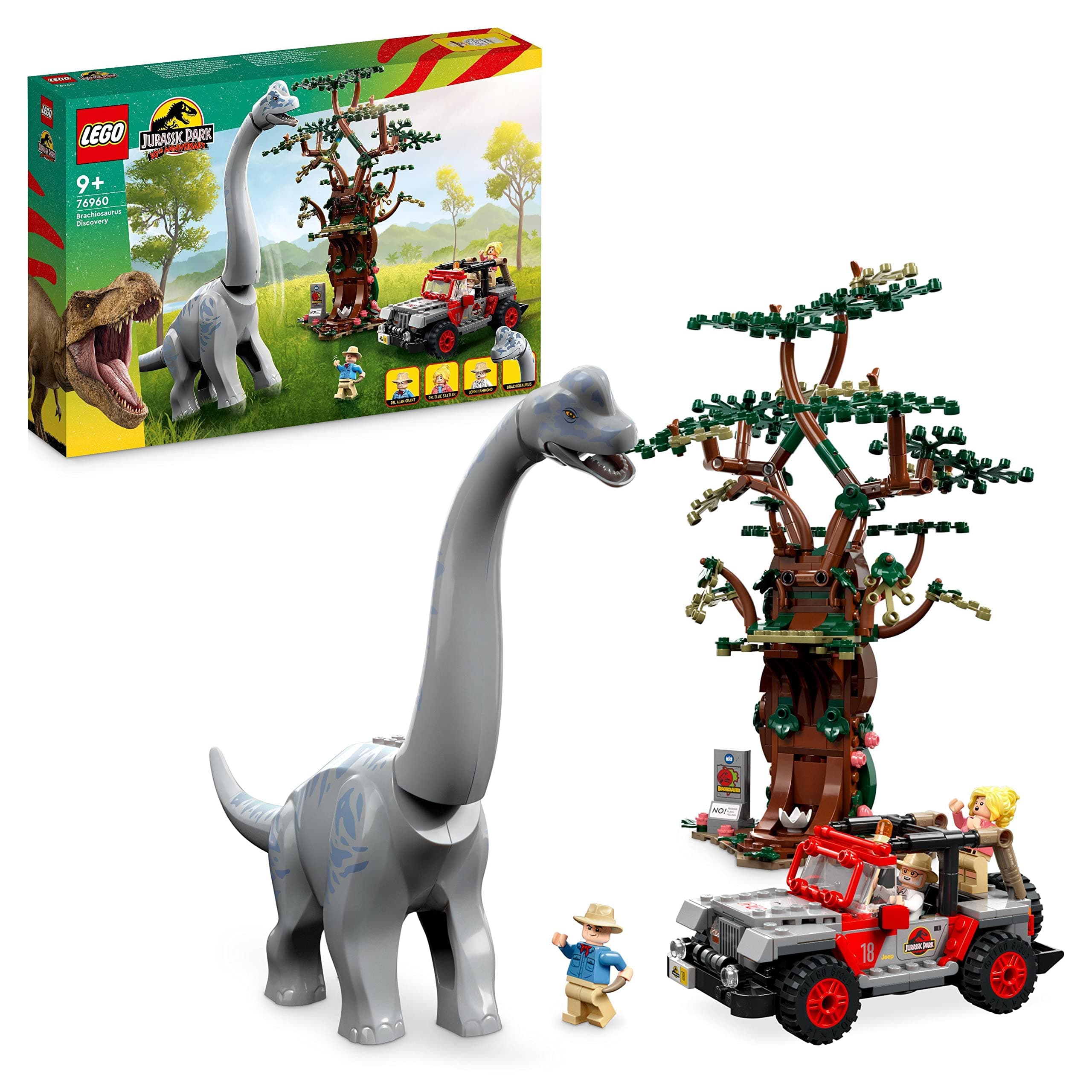 76960 Jurassic Park Brachiosaurus Discovery Dinosaur Toy Set with Large Dino Figure, Tree and Buildable Jeep Wrangler Car, Gift for Boys, Girls, Kids, 30th Anniversary Collection