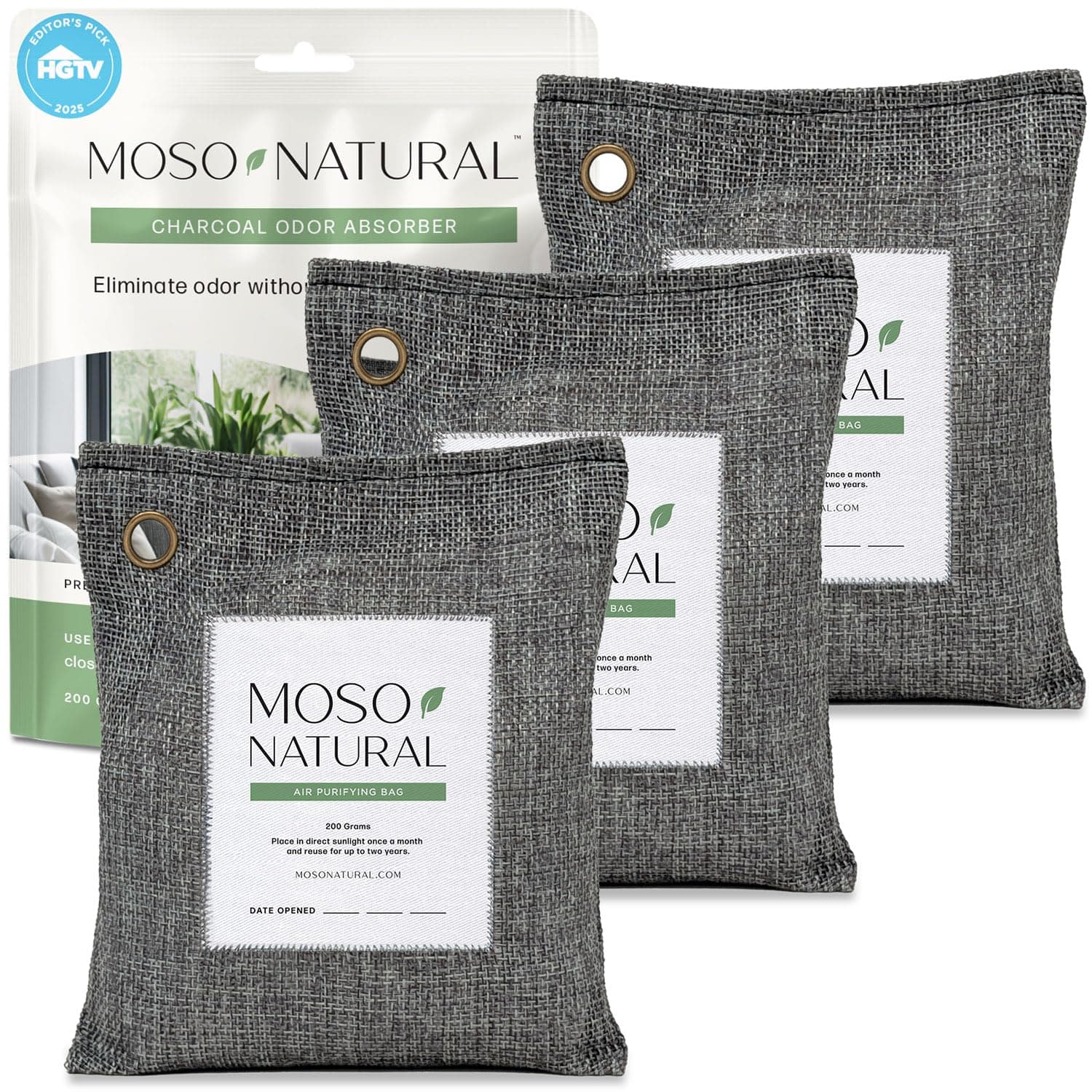 Moso Natural Air Purifying Bag 200g (3 Pack) HGTV Editor's Pick | Premium Bamboo Charcoal Odor Absorber for Home & Car | Closet Odor Eliminator & Car Air Freshener | Long Lasting Charcoal Bags