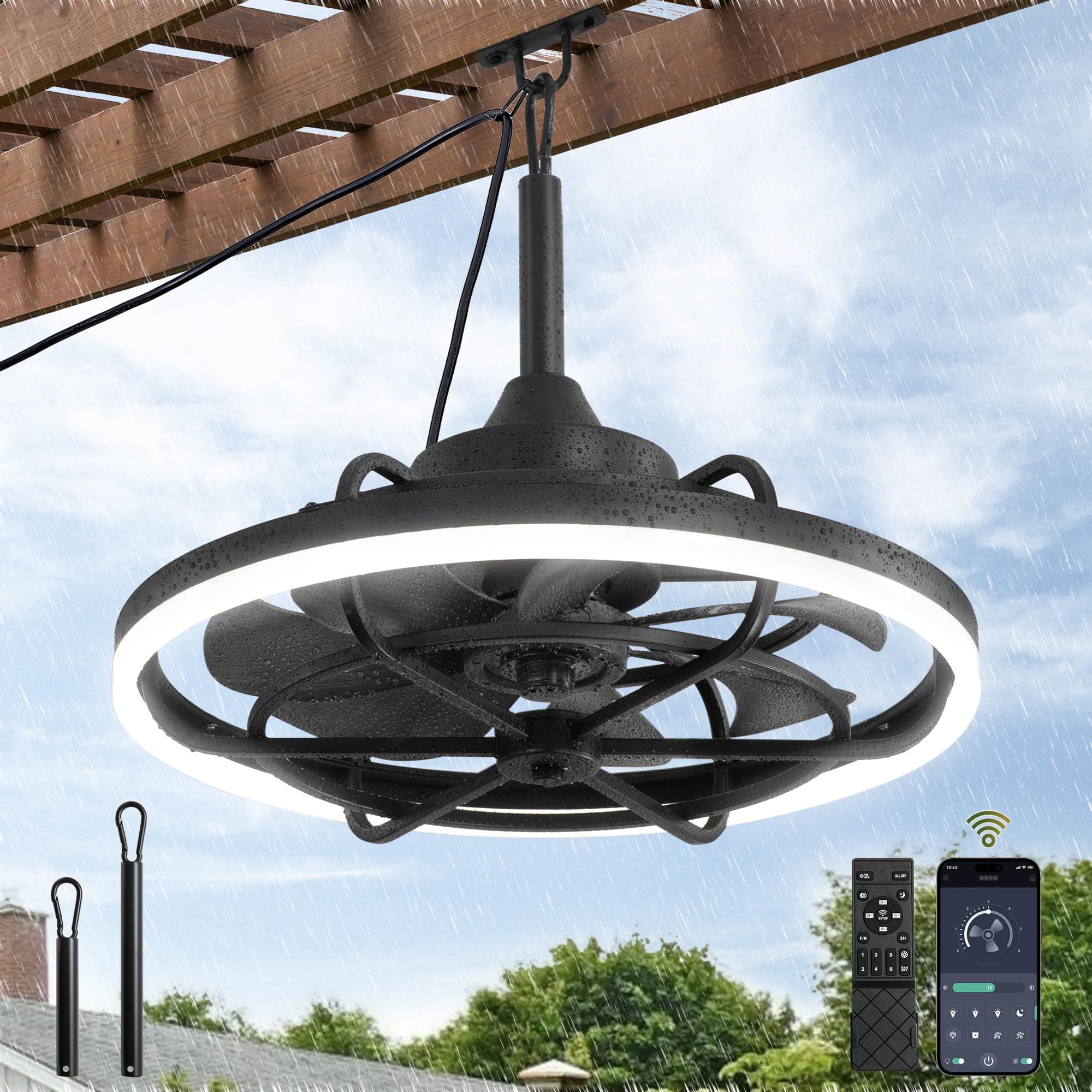 Fanbulous Outdoor Ceiling Fans with Light for Patios, 20" Weatherproof Plug in Ceiling Fan, Gazebo Fan Remote&APP Control, 3CCT Dimmable,Caged Ceiling Fan with Hanging Hook for Porch, Pergola,Canopy