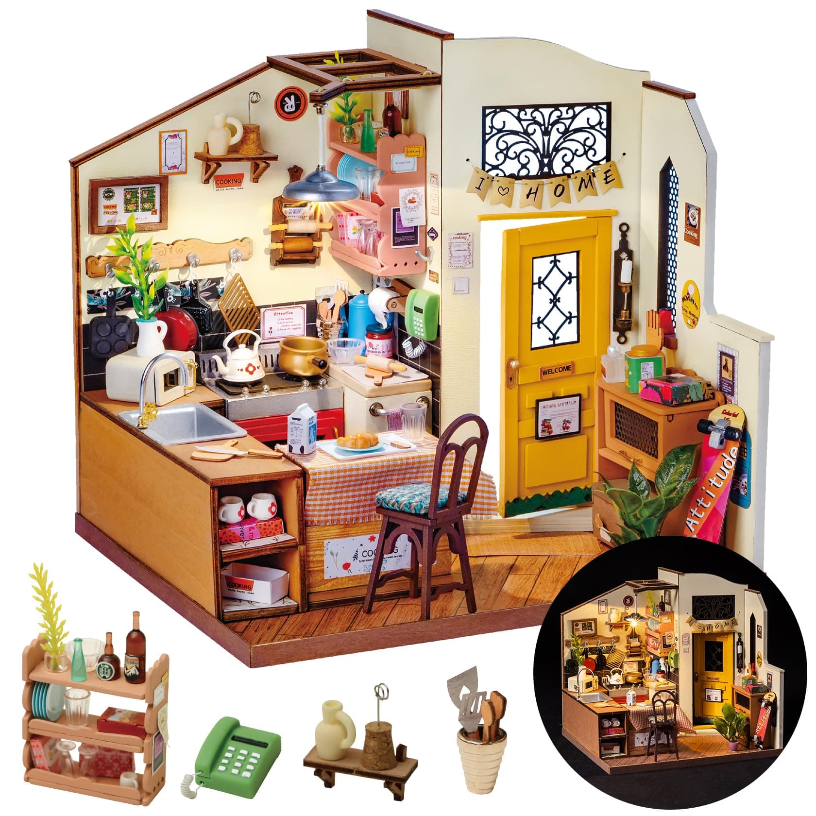 DIY Miniature Cozy Kitchen House Kit for Adults to Build, Tiny House Making Kit with Furnitures, Halloween/Christmas Decorations/Gifts for Family and Friends (Cozy Kitchen)