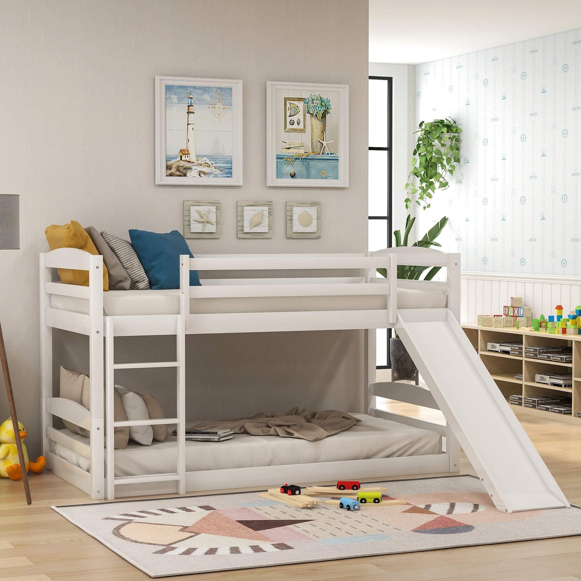Baysitone Twin Over Twin Floor Bunk Bed with Slide and Ladder, Wood Low Twin Bunk Beds with Guardrails for Kids/Easy to Assemble/No Box Spring Required (White)
