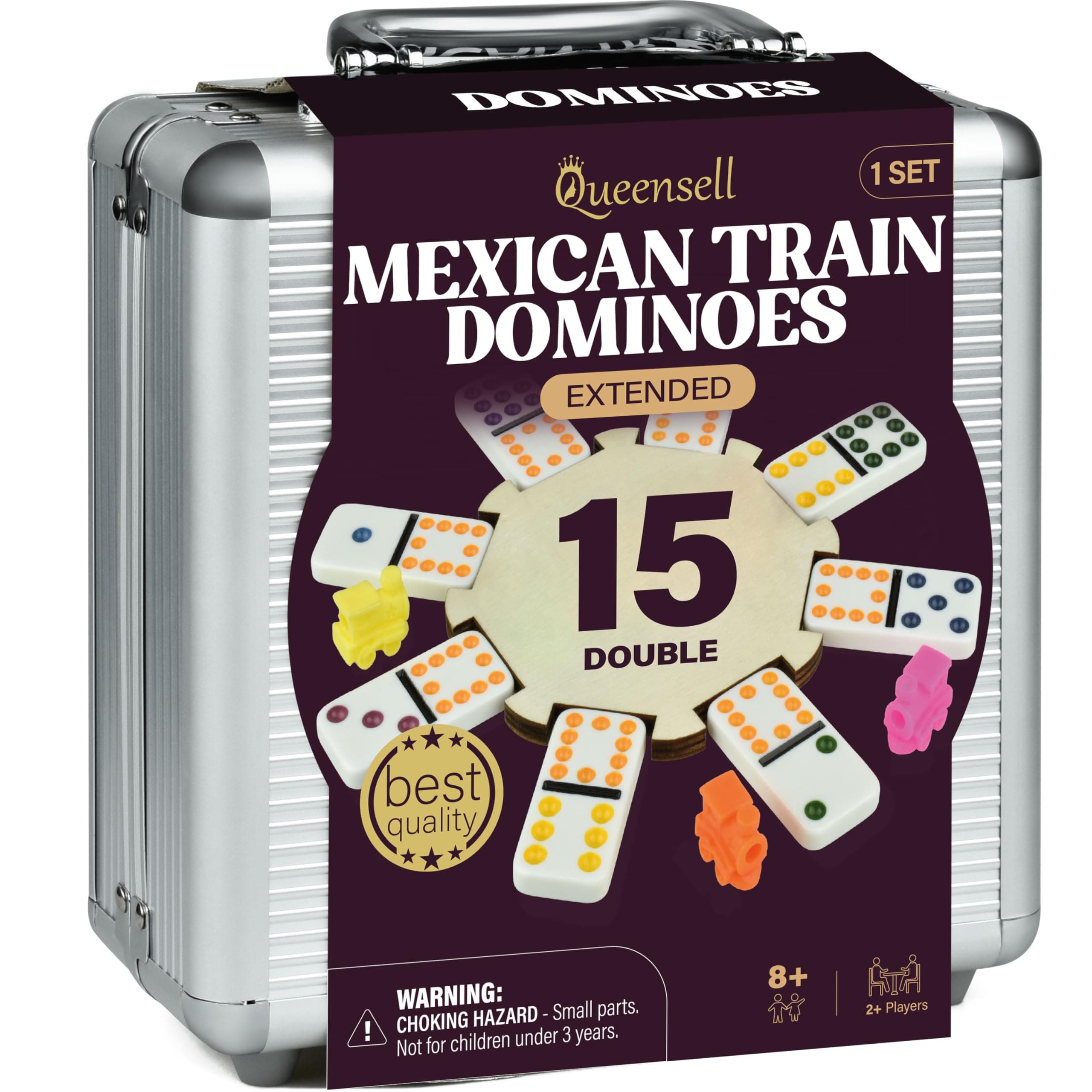 Queensell Mexican Train Dominoes Set Double 15 for Adults and Family, Mexican Train Double 15 Dominoes Set Colored Dot - 136 Tiles, 9 Trains, Wooden Hub, Aluminum Case (Double 15)