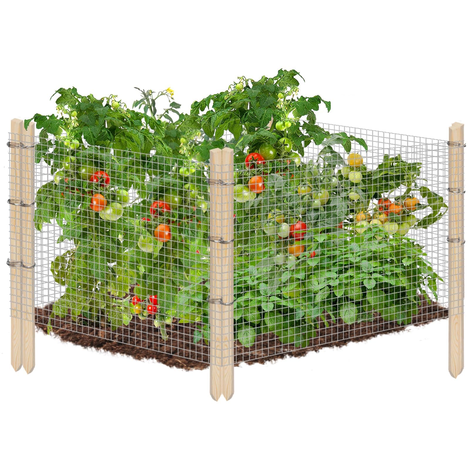 Ease to Install Garden Fence Animal Barrier Set - Included 15.8ft x 16in Rustproof Metal Wire Net, 8pcs Cedar Stakes, Gloves, for Raised Garden Bed Plant Protectors from Rabbit, Chickens, Puppies