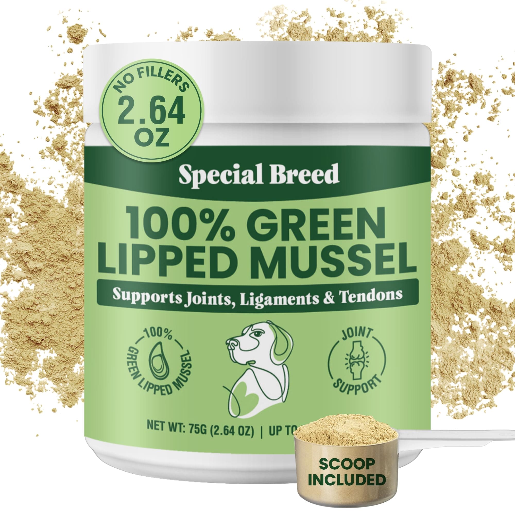 Green Lipped Mussel Powder for Dogs & Cats - 100% New Zealand Green Lipped Mussels - Natural Hip & Joint Supplement for Joints, Tendons, Ligaments, Muscles - 75 Grams - Up to 250 Servings