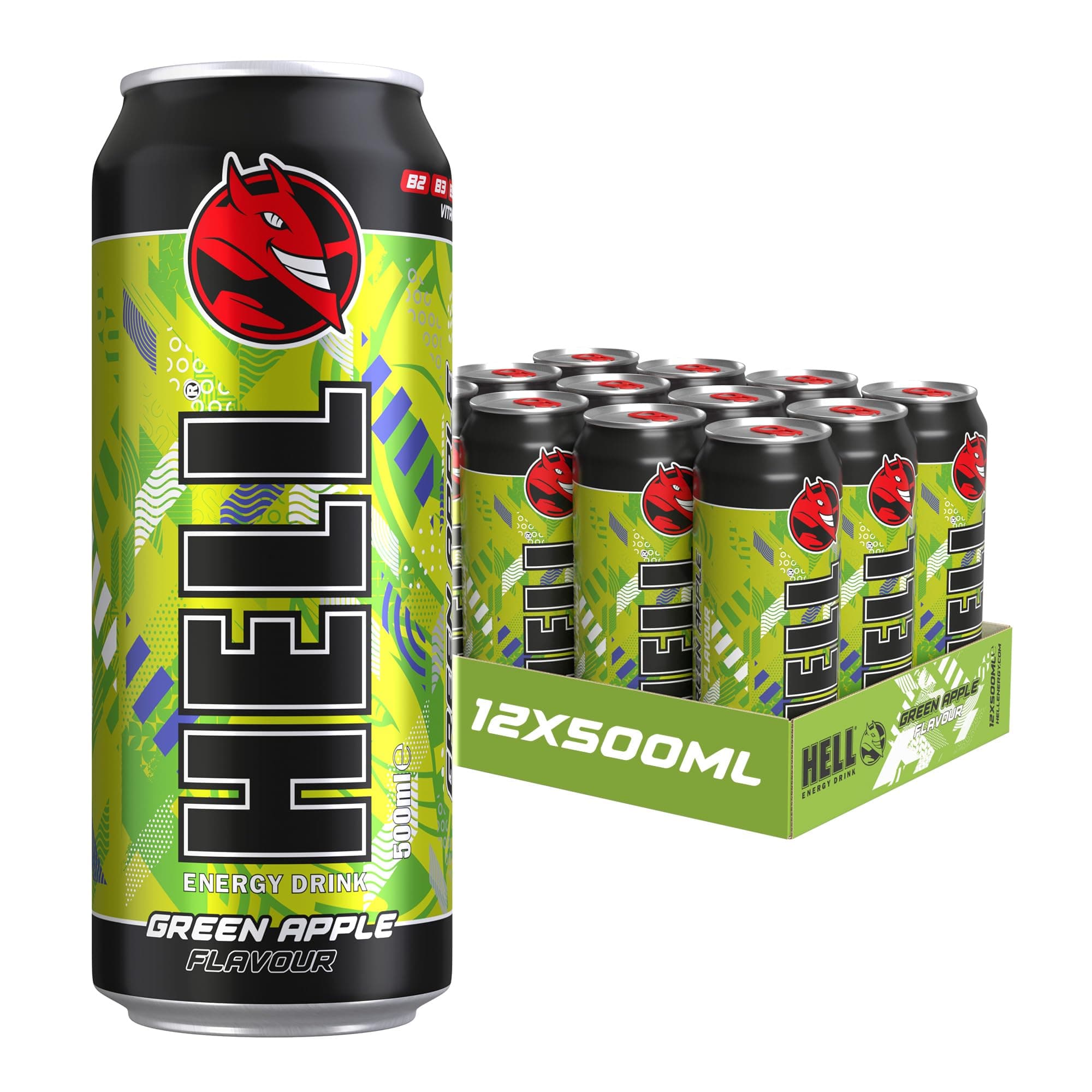 HELL Energy Drink Green Apple Flavour | 12 x 500ml Cans Multipack | 32mg/100ml Caffeine | Contains Vitamins B2 B3 B5 B6 B12 | Preservative Free | Vegan | Reduce Fatigue