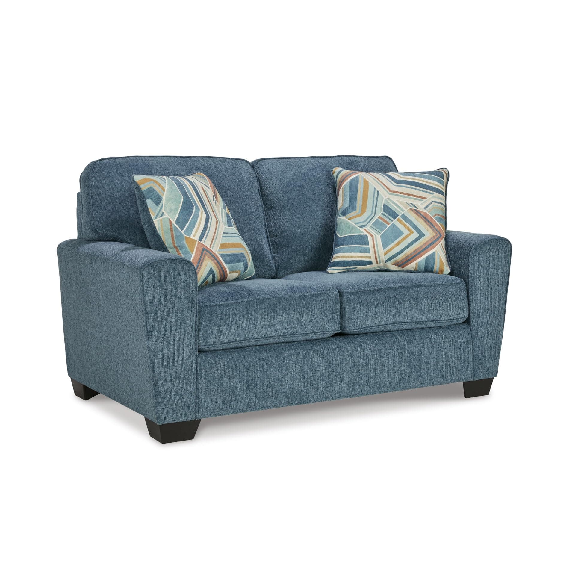 Cashton Contemporary Loveseat, Exposed Feed With Faux Wood Finish, Accent Pillows, Fabric Upholstery, 63" W x 38" D x 39" H, Blue