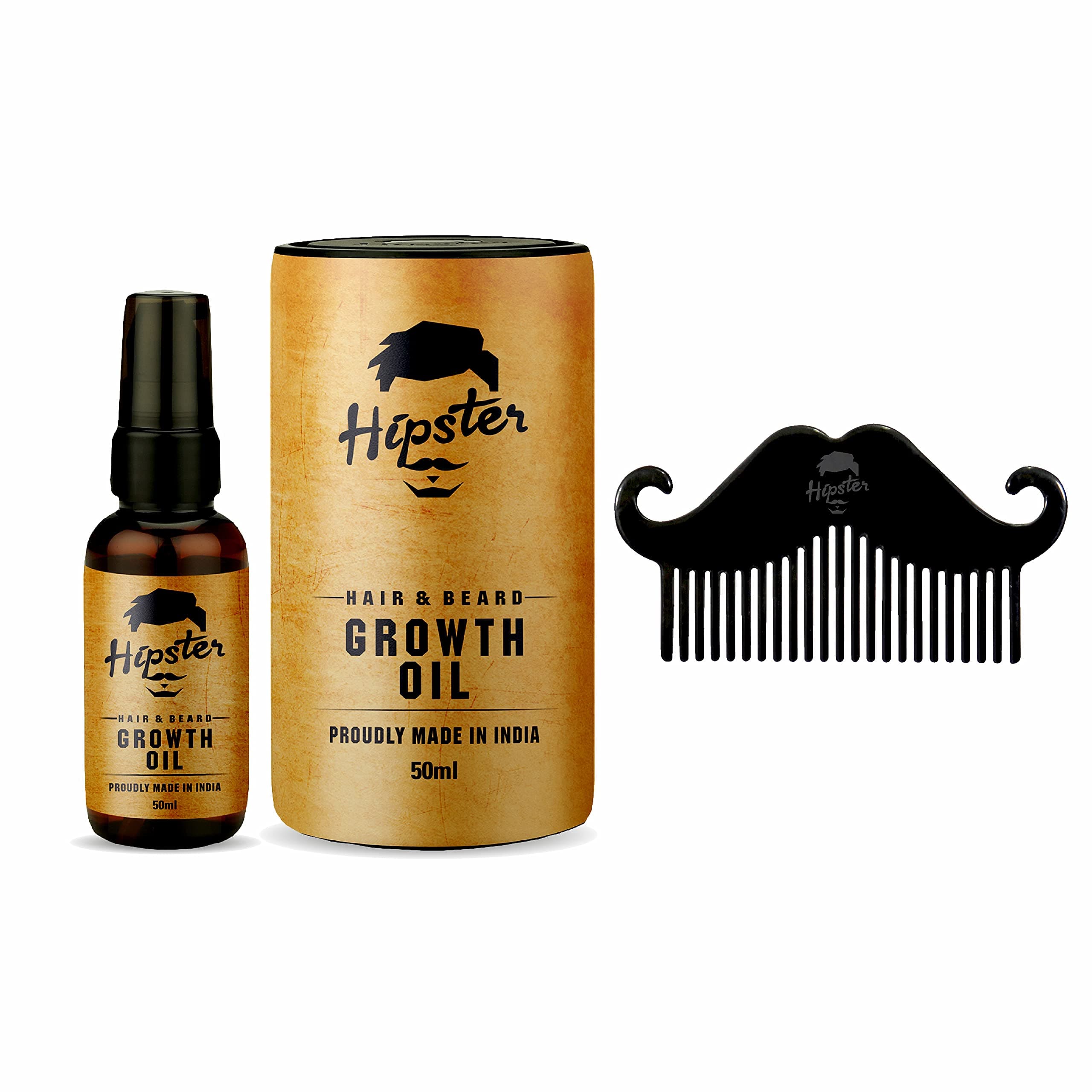 Hipster Hair & Beard Growth Oil For Men 50ml | With Vitamin E, Keratin, Almond & Argan Oil | Hair Oil For Men | Hair & Beard Growing Oil | With Free Beard Comb For Beard Care | Made In India