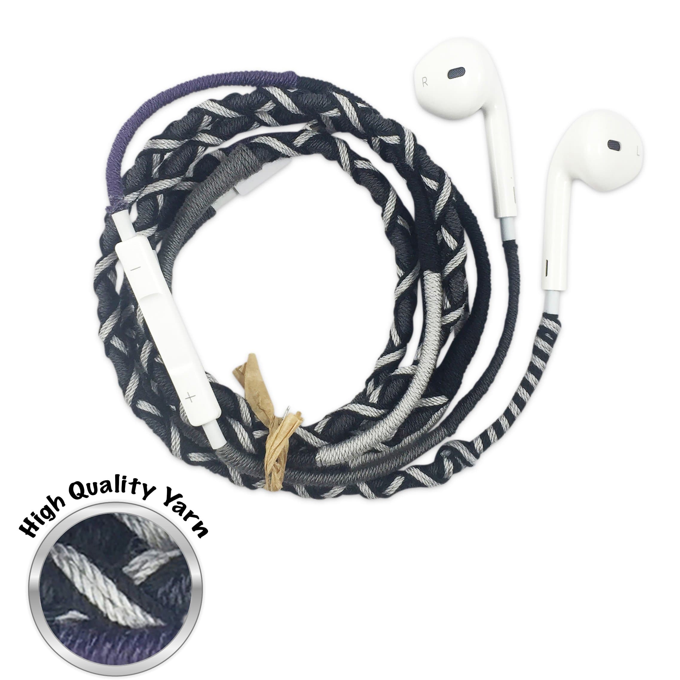 Durable Earbuds Cute Colorful with Volume Control Wrapped Handmade Cool Youth Design Earphones Black White by OrangePenguin (with Microphone)