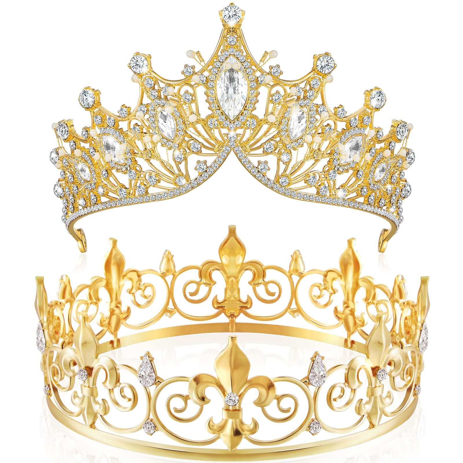 2 Pcs Prom King and Queen Crowns for Men Women Valentine's Day Carnival Baroque Queen King Prince Tiara Princess Crystal Headband for Wedding Birthday Grad Rhinestone Prom Party(Gold)