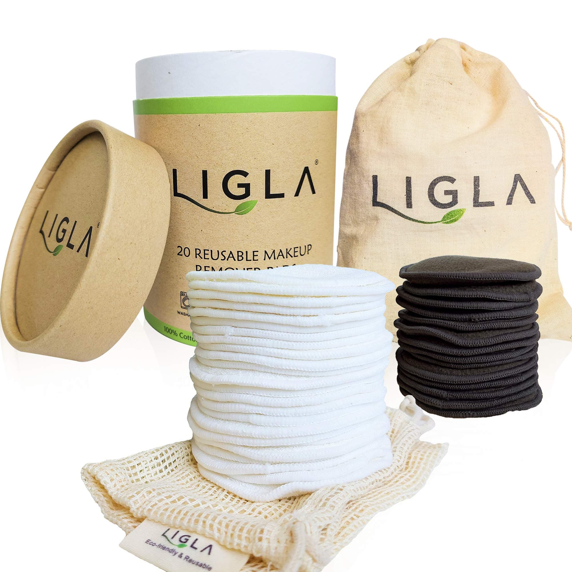 LIGLA Reusable Make Up Remover Pads - 20 Bamboo Cotton Pads with BONUS Laundry and Storage Bags - Washable and Eco-Friendly Eye Makeup Remover Pads - Reusable Cotton Wool Pads For All Skin Types
