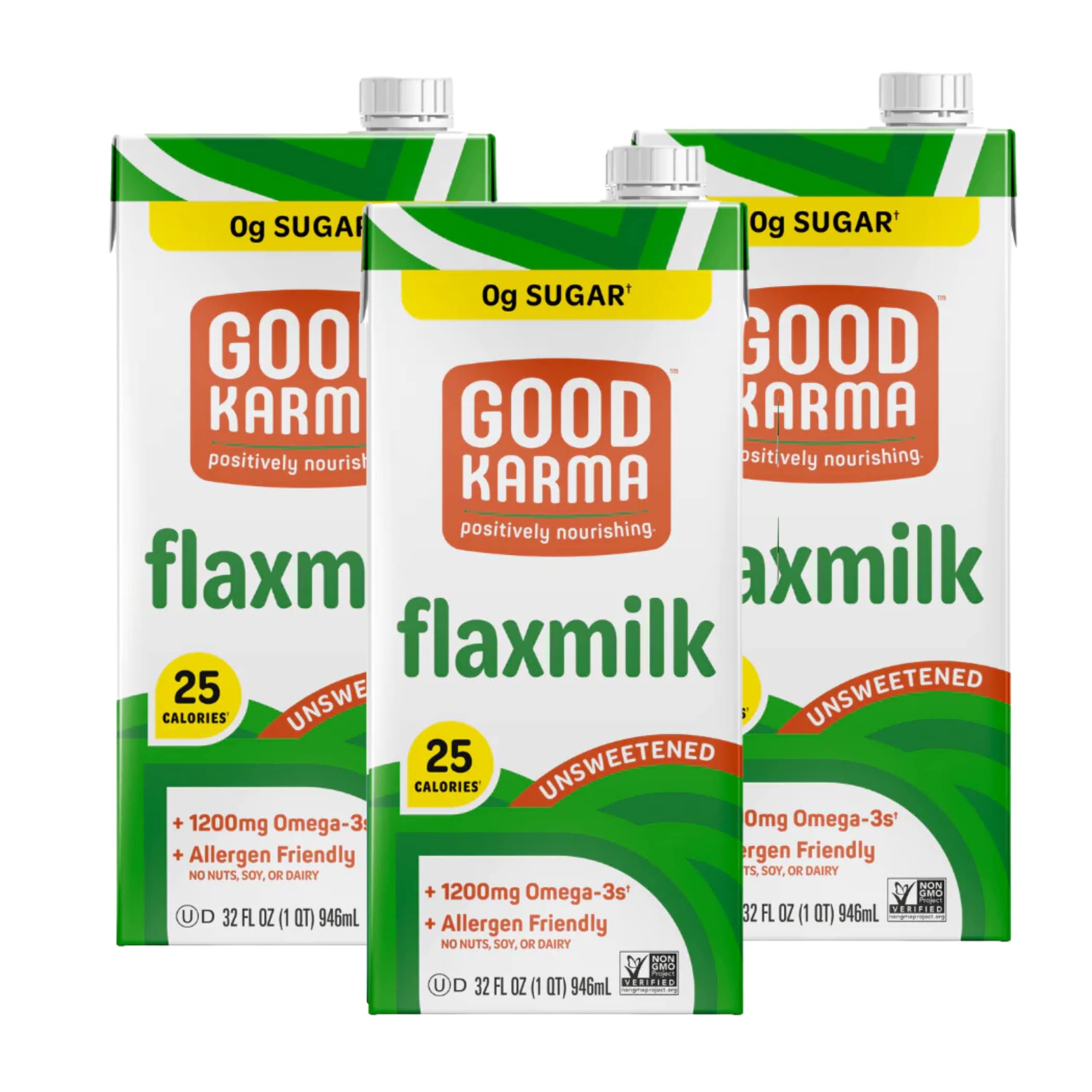 Good Karma Unsweetened Flaxmilk, 32 Ounce (Pack of 3), 0g Sugar + 1200mg Omega-3 Per Serving, Plant-Based Non-Dairy Milk Alternative, Lactose Free, Nut Free, Vegan, Shelf Stable