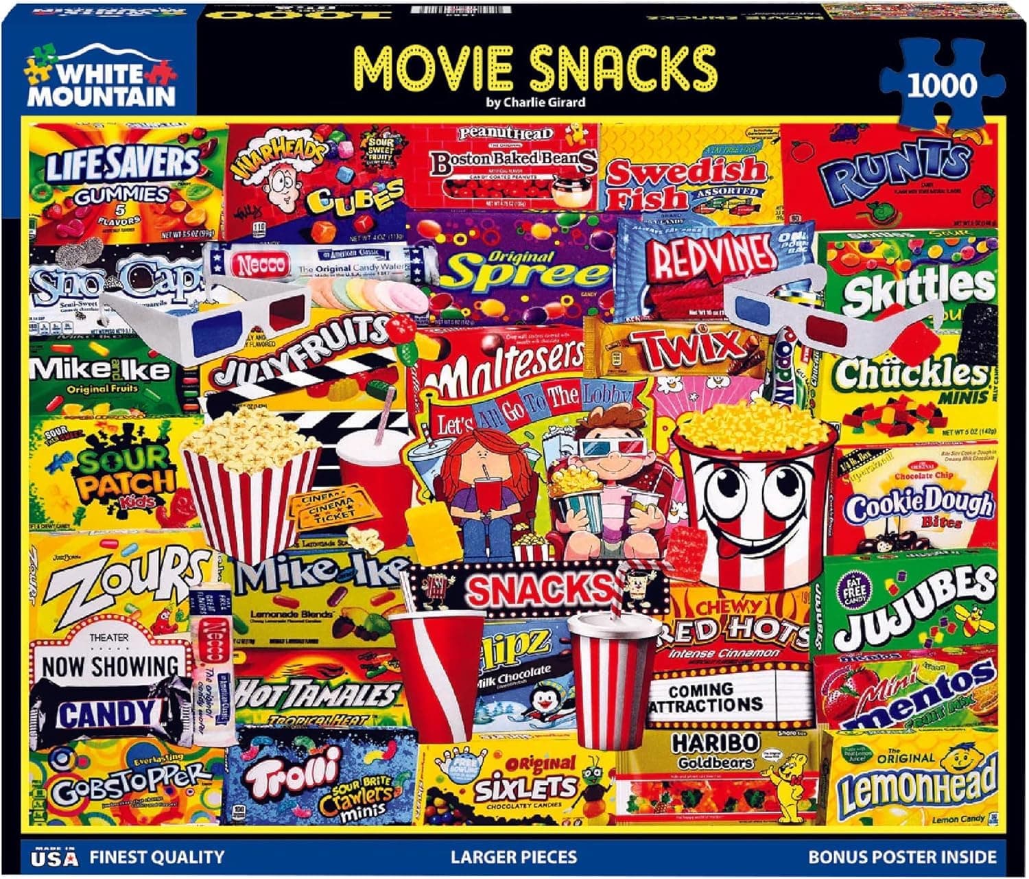 1000 Piece Jigsaw Puzzle Popcorn and Candy Collage Puzzles with Large Pieces for Adults and Family 24"x30" - Movie Snacks