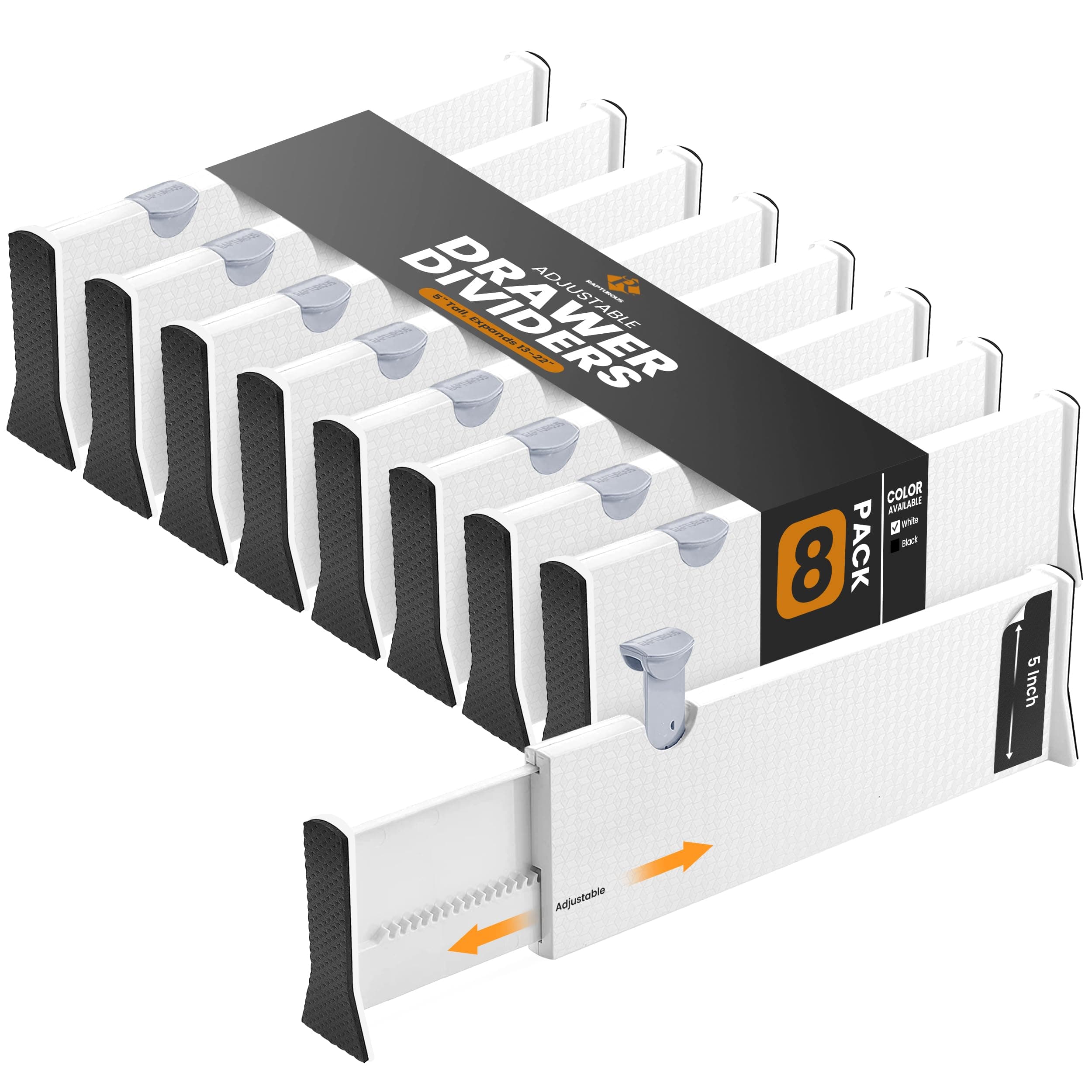 RAPTUROUS Deep Drawer Dividers 8 Pack, 5 Inch Tall, 13-22 Inch Long Expandable, Adjustable Drawer Organizer for Clothing, Dresser, Kitchen, Strong Hold, Soft Foam Edges, White