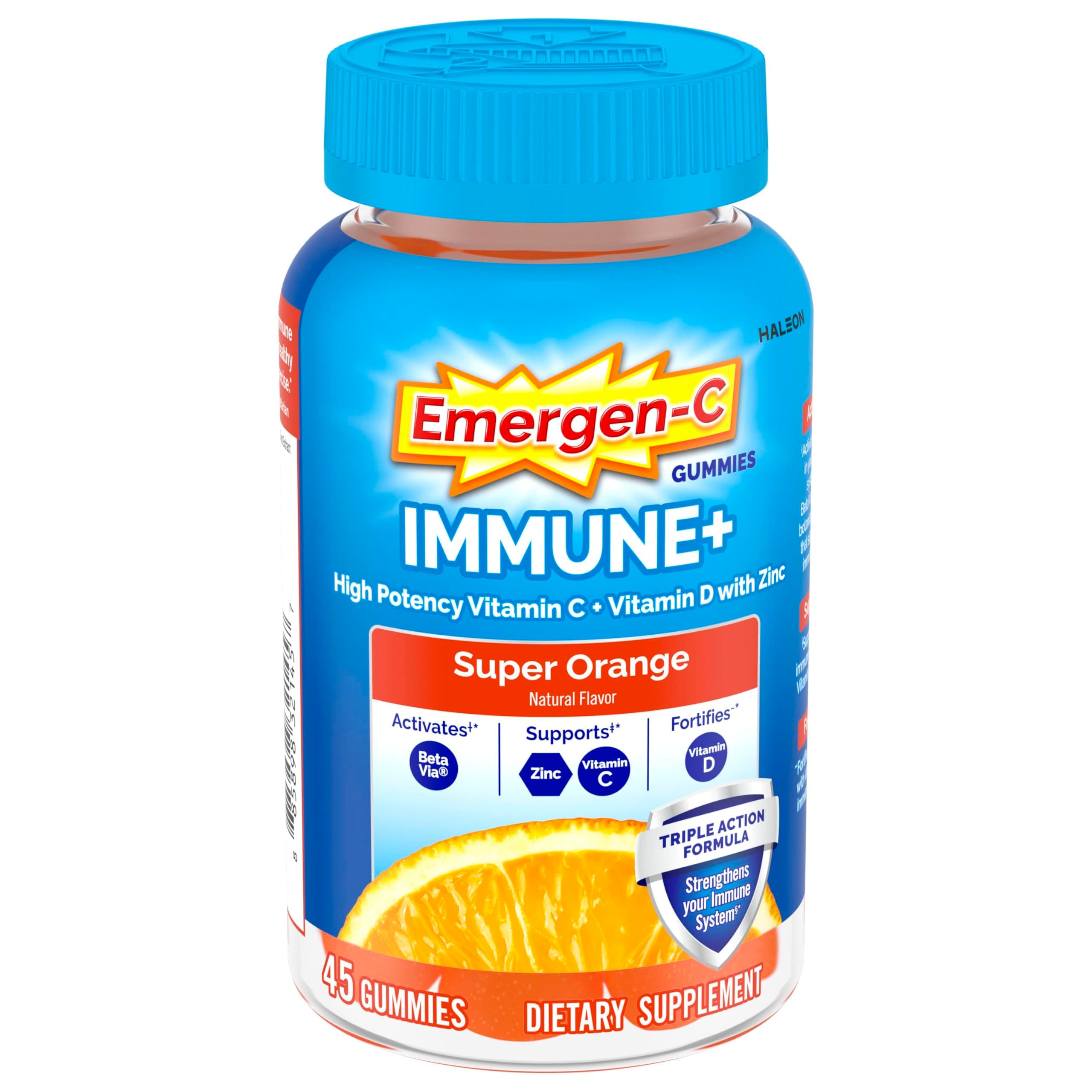 Immune+ Immune Gummies, Vitamin D plus 750 mg Vitamin C, Immune Support Dietary Supplement, Caffeine Free, Gluten Free, Super Orange Flavor - 45 Count