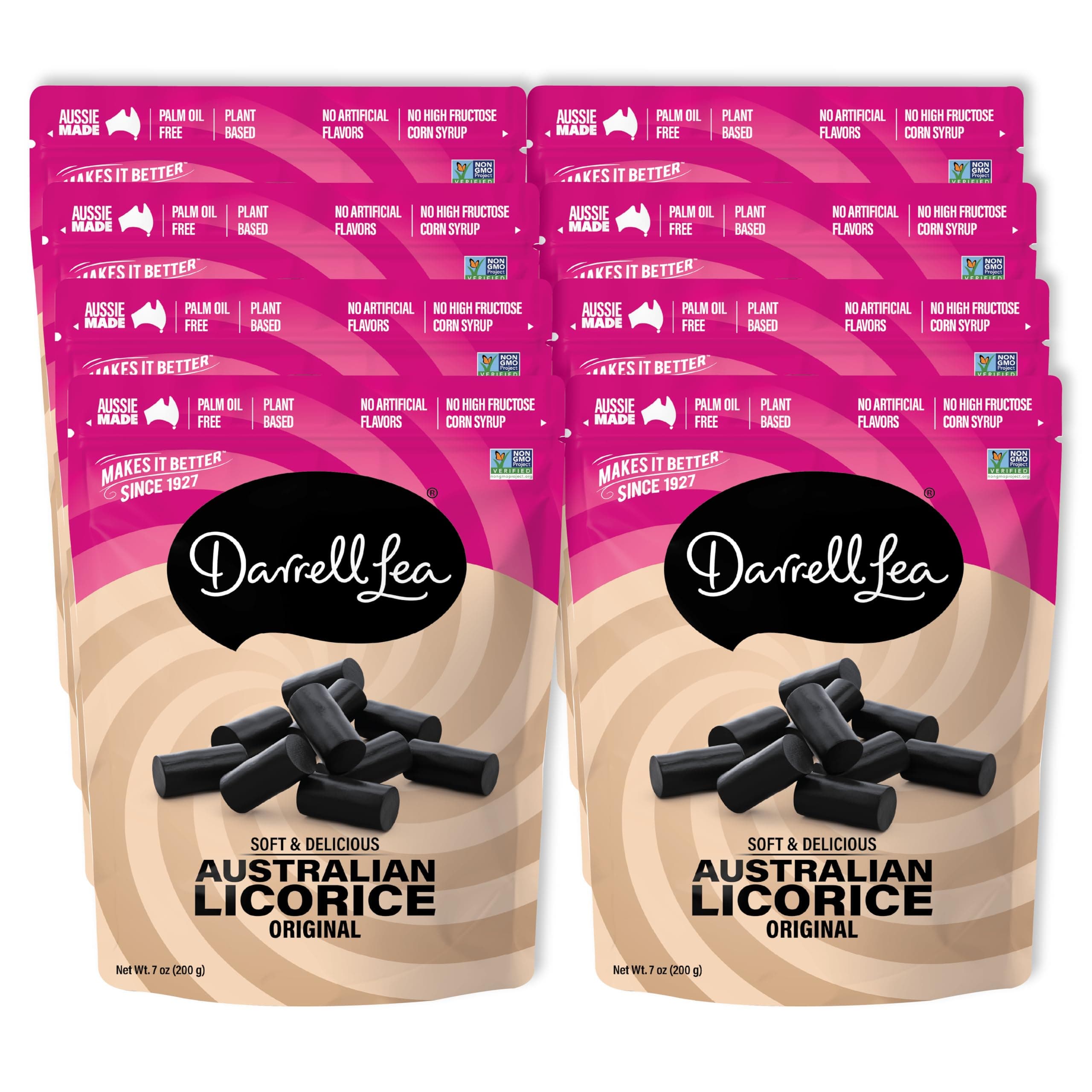 Darrell Lea Soft Australian Licorice, Non-GMO, No Palm Oil, Plant Based, No High Fructose Corn Syrup, Soft & Chewy Licorice Candy, Made in Australia (Original Black, 7 Ounce (Pack of 8))