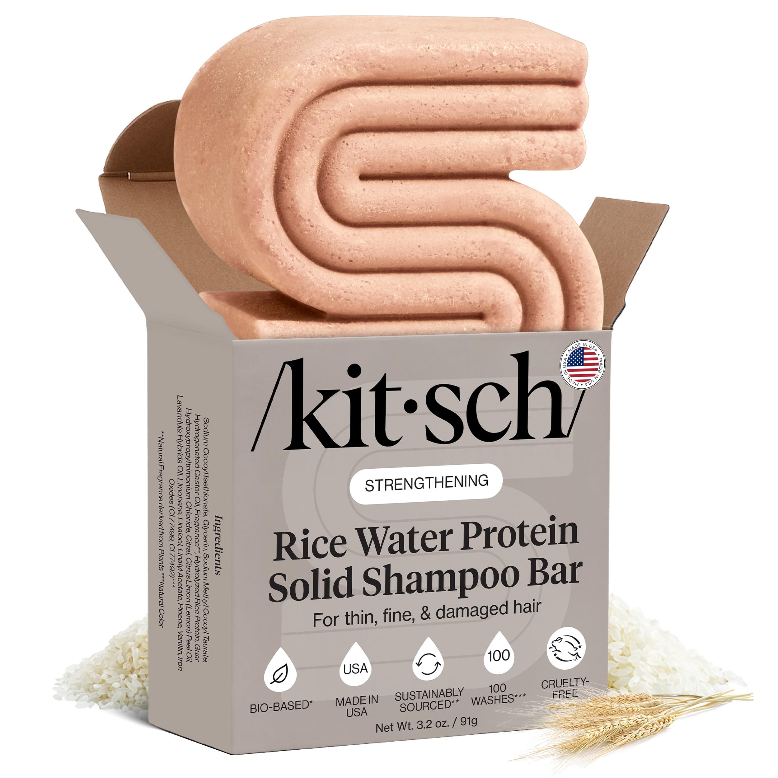 Kitsch Rice Water Shampoo Bar for Hair Growth – Strengthening Hair Shampoo for Men and Women – Reduce Breakage, Boosts Shine – Paraben, Silicone & Sulfate-Free, Vegan Hair Care - 3.2 oz