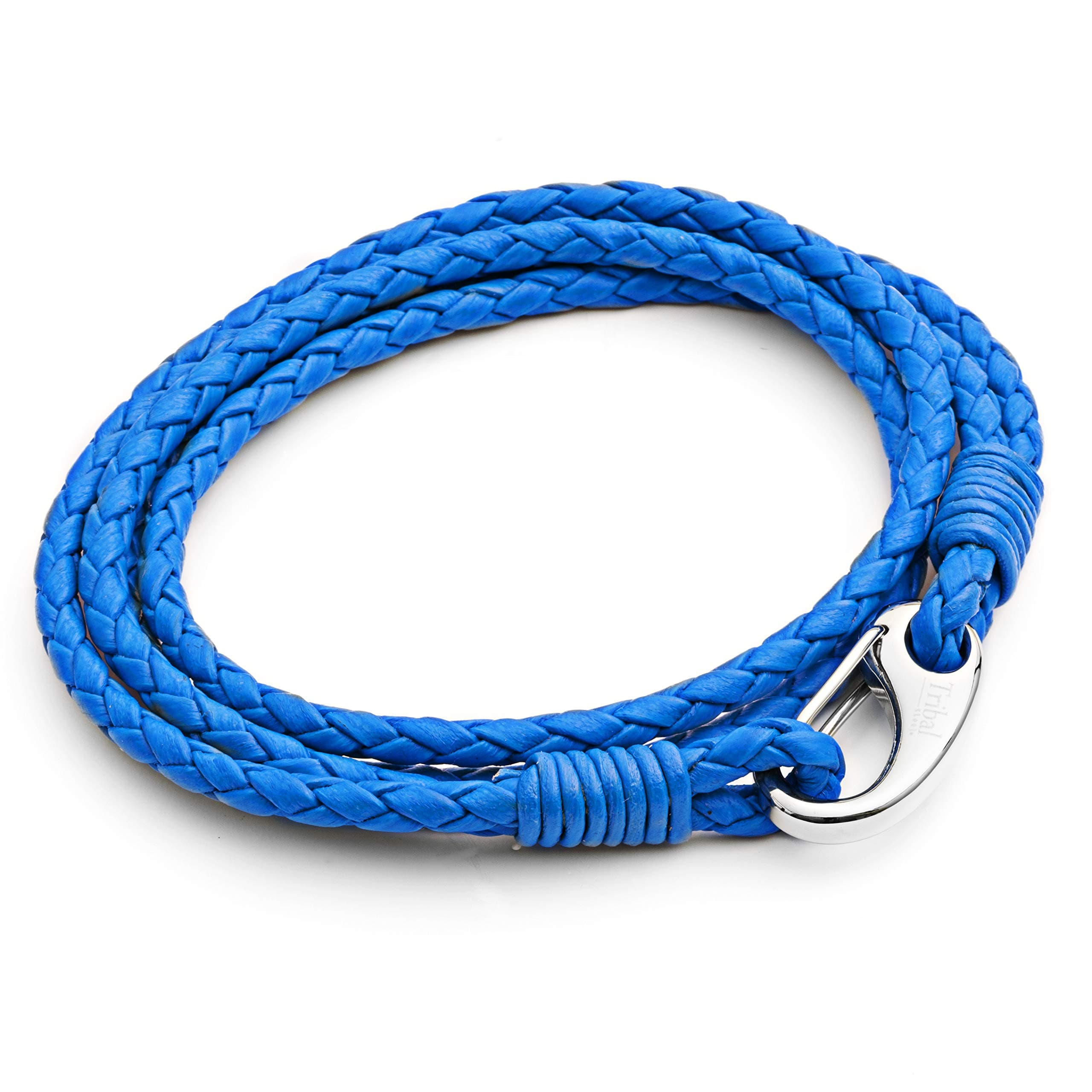 Tribal Steels. by MidhavenMens Vibrant Blue Plaited Leather Double Wrap Bracelet with Stainless Steel Shrimp Clasp 21cm by Tribal Steel for Men