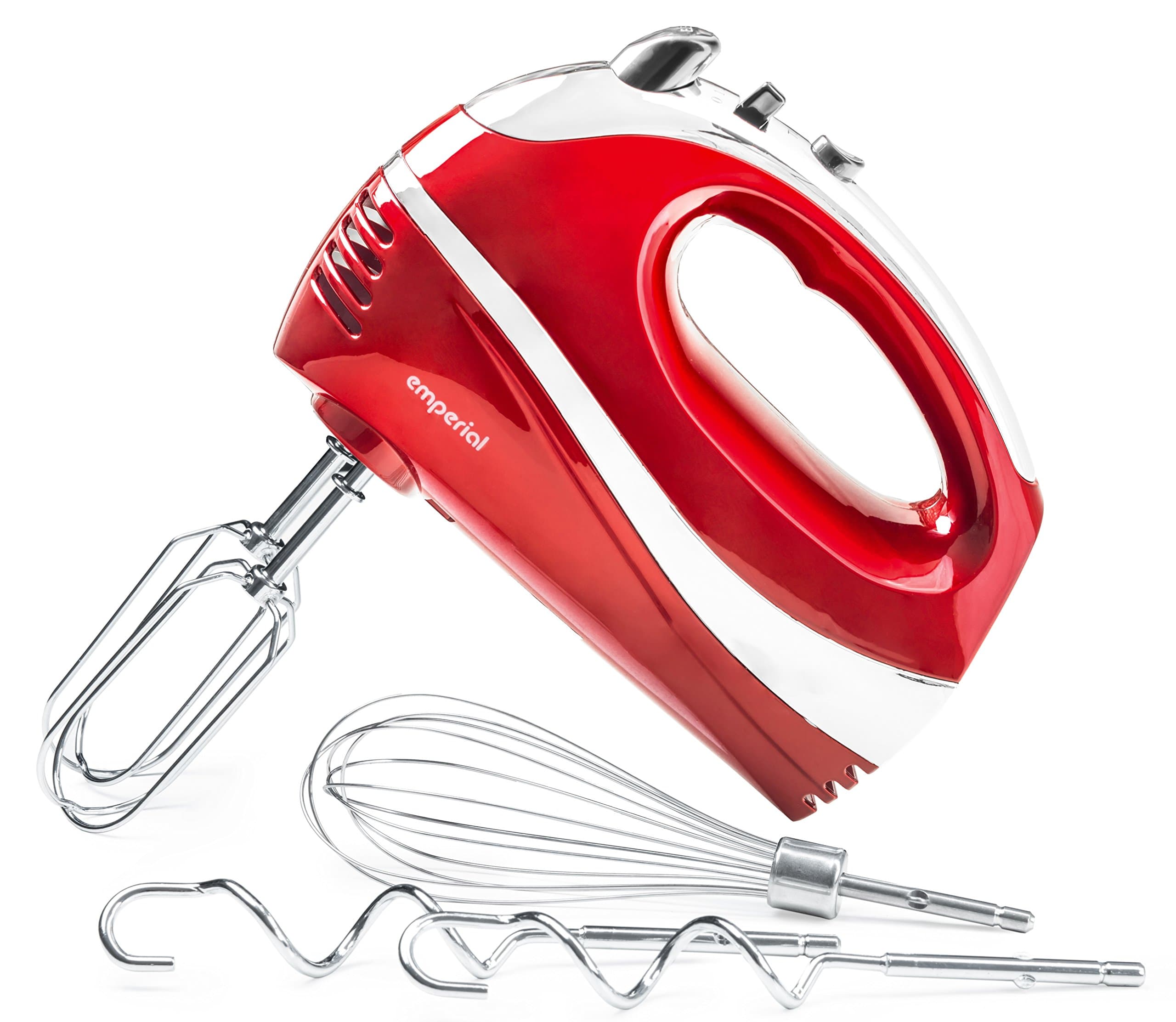 Emperial Hand Mixer 300W with Chrome Beaters, Dough Hooks & Balloon Whisk - 5 Speeds with Turbo Button (Red)
