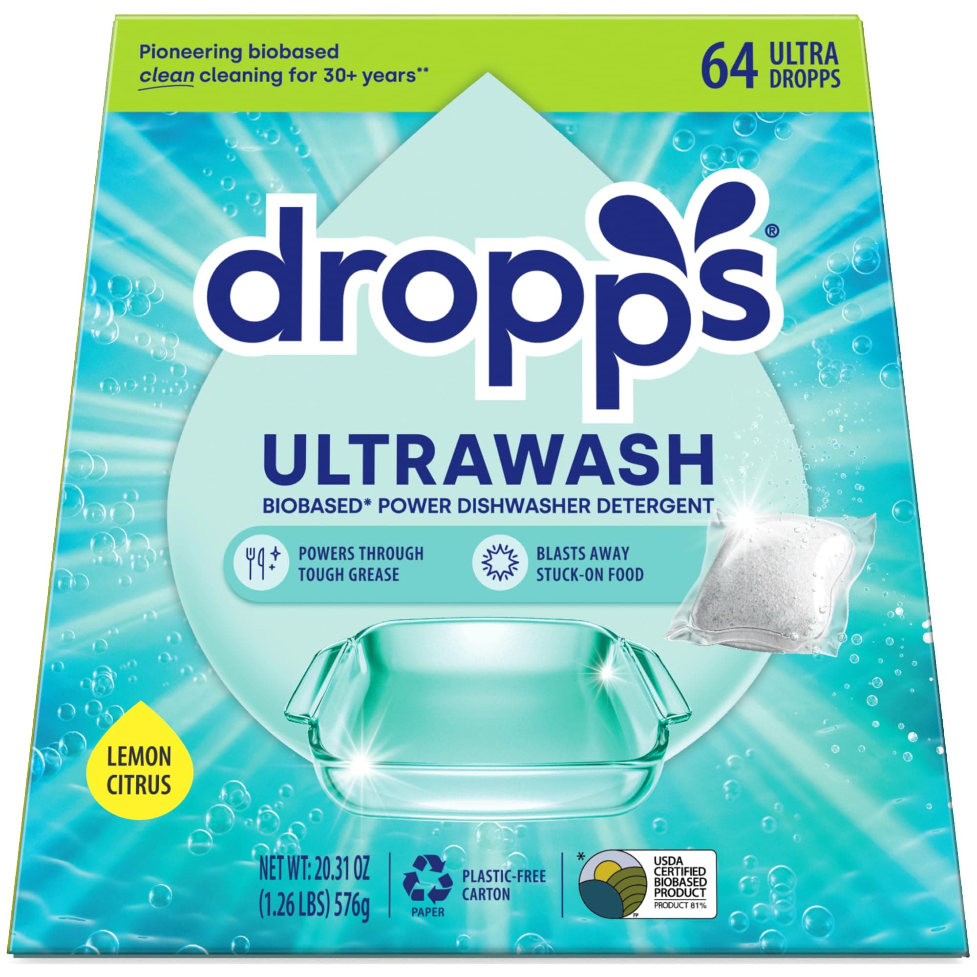 Dropps UltraWash Dishwasher Pods, Lemon Citrus (64 Count) - Biobased Power Deep Clean Dishwasher Detergent Tablets for Sparkling Shiny Dishes - No Rinse Aid or Pre-Wash Needed -Dishwashing Pods