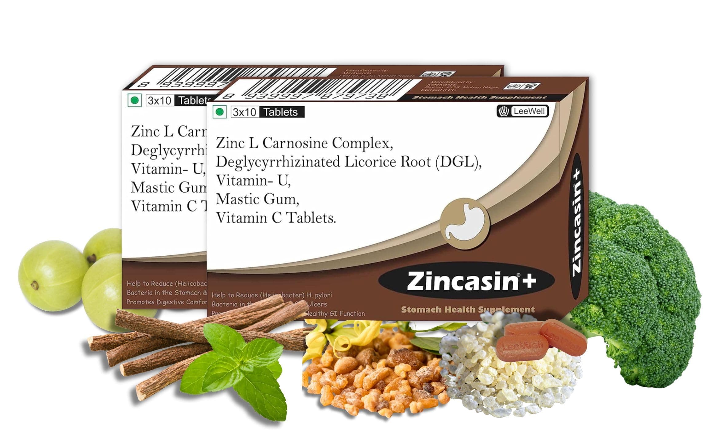 Zincasinplus Zinc L carnosine, Vitamin U, DGL Deglycyrrhizinated Licorice Root, Mastic gum Supplements | Gastric Reflux, IBS, H pylori, Bloating, Gut health Support - 60 tablets